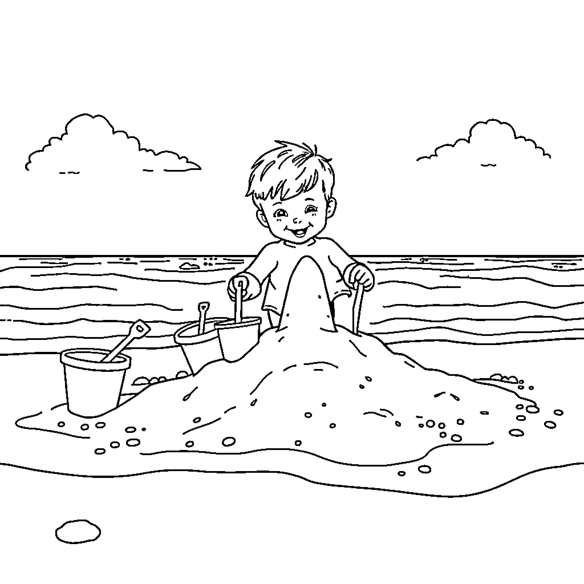 Child playing happily in the sand by the beach Coloring Page (free black-and-white line drawing printable PDF for all, from beginners to advanced learners, including children, teens, adults, and seniors)