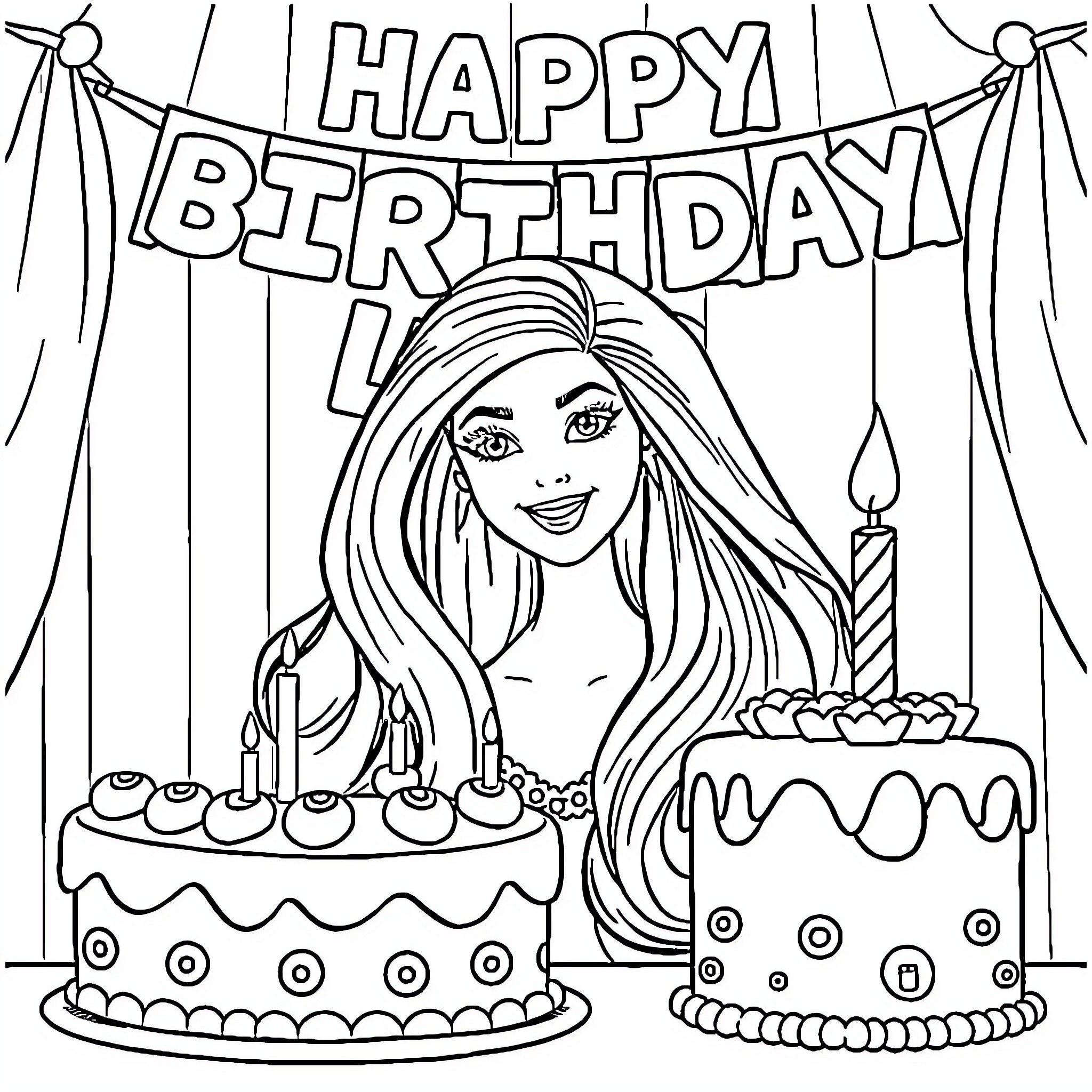 Barbie's Happy Birthday Party with Cake Coloring Page (free black-and-white line drawing printable PDF for all, from beginners to advanced learners, including children, teens, adults, and seniors)