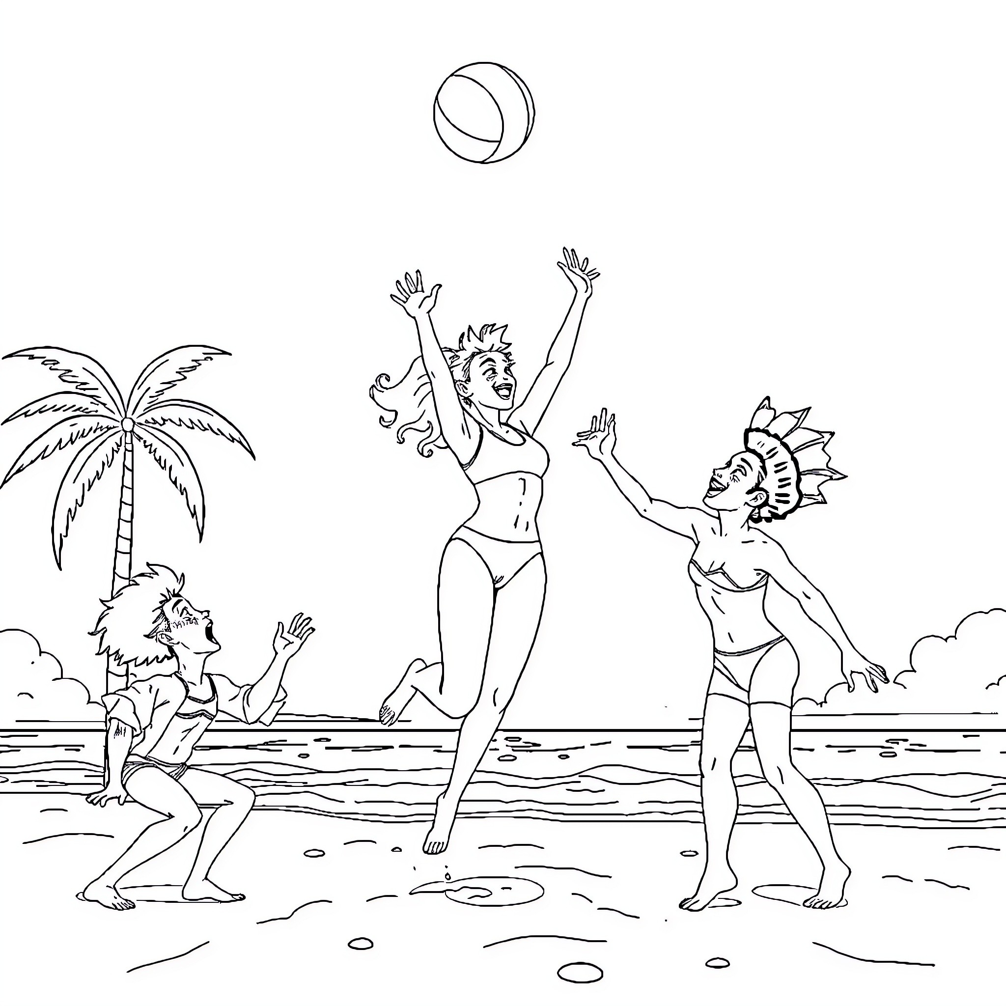 Caulifla playing beach volleyball with friends Coloring Page (free black-and-white line drawing printable PDF for all, from beginners to advanced learners, including children, teens, adults, and seniors)