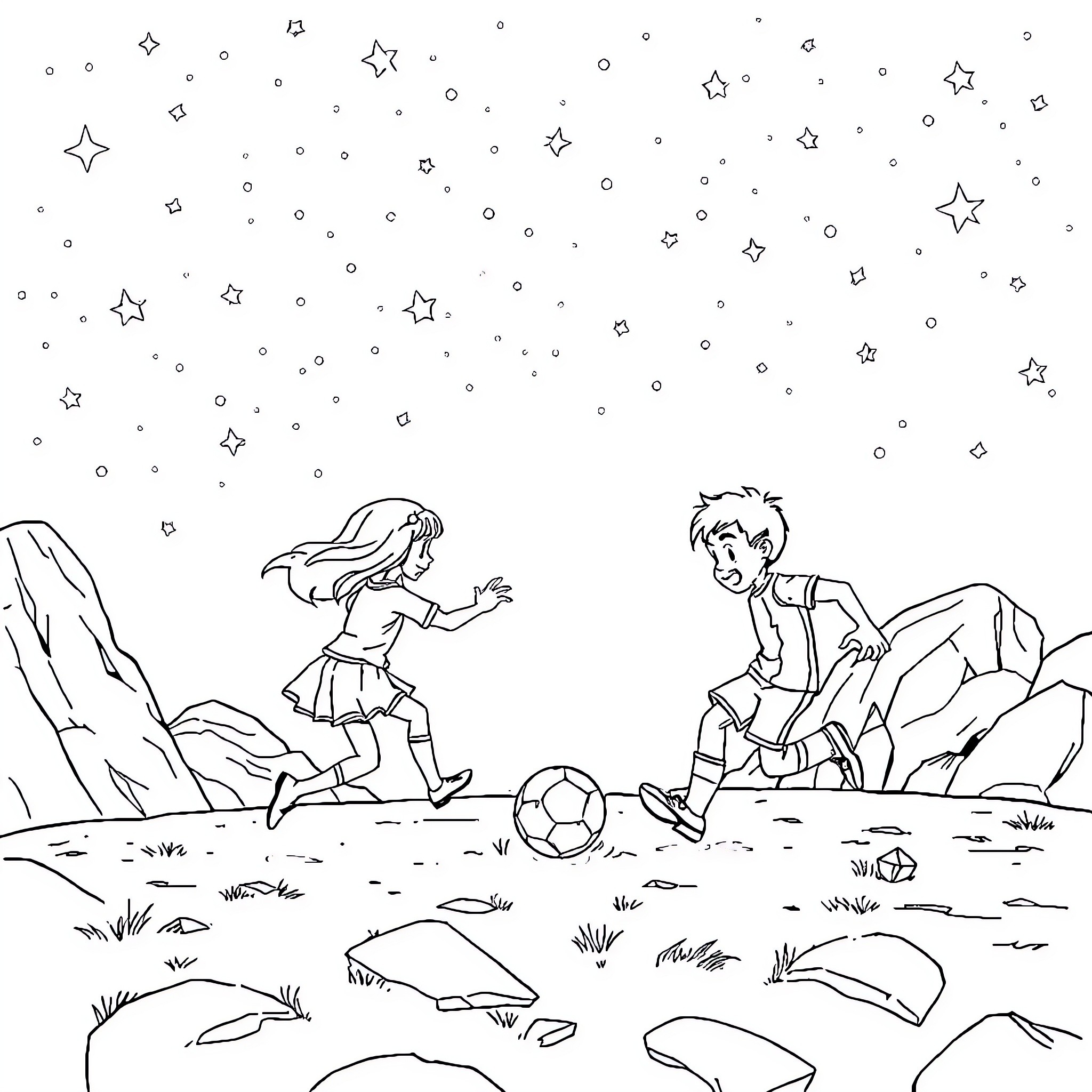 Olive's Cosmic Adventure with Playful Friends Coloring Page (free black-and-white line drawing printable PDF for all, from beginners to advanced learners, including children, teens, adults, and seniors)