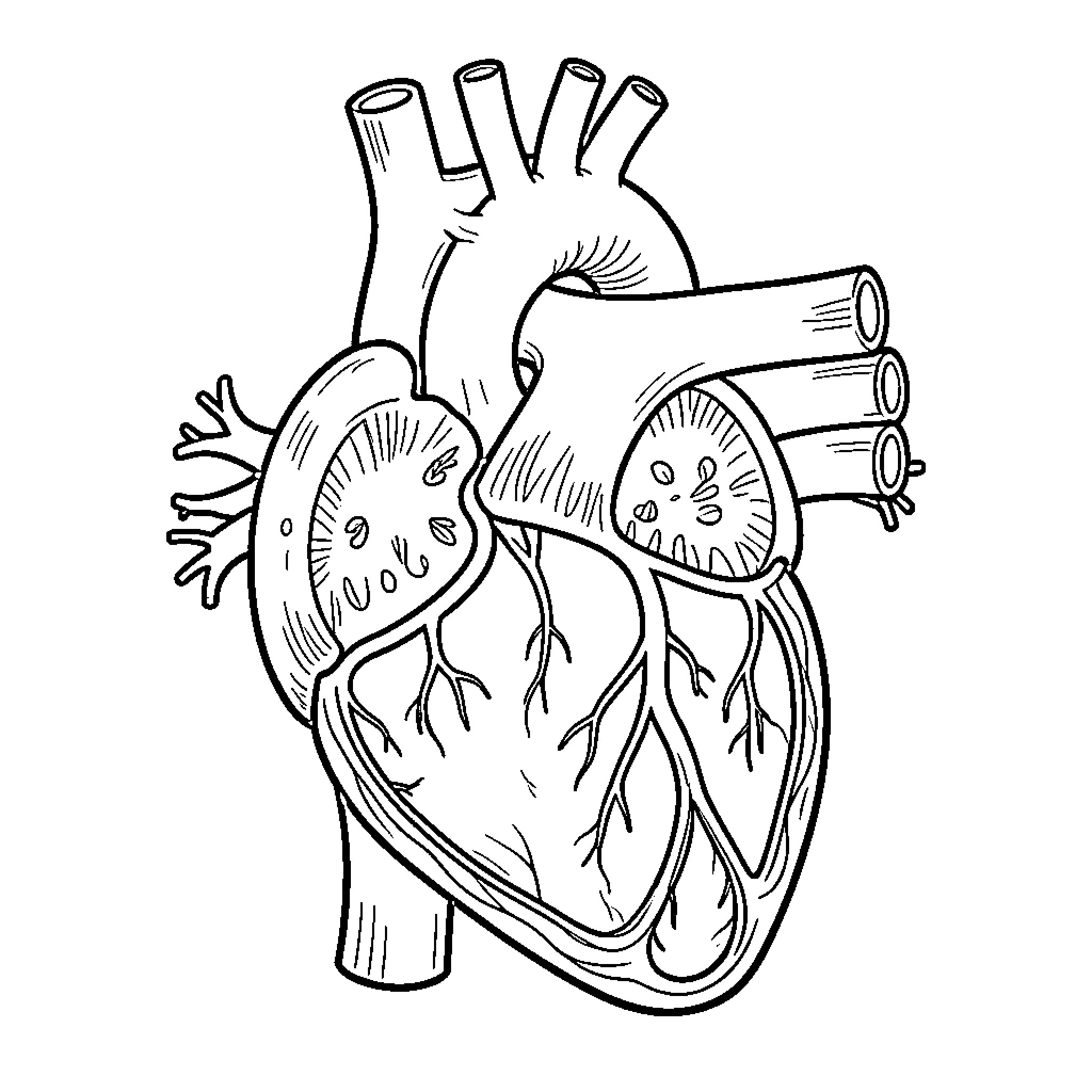 Heart's internal anatomy illustration Coloring Page (free black-and-white line drawing printable PDF for all, from beginners to advanced learners, including children, teens, adults, and seniors)