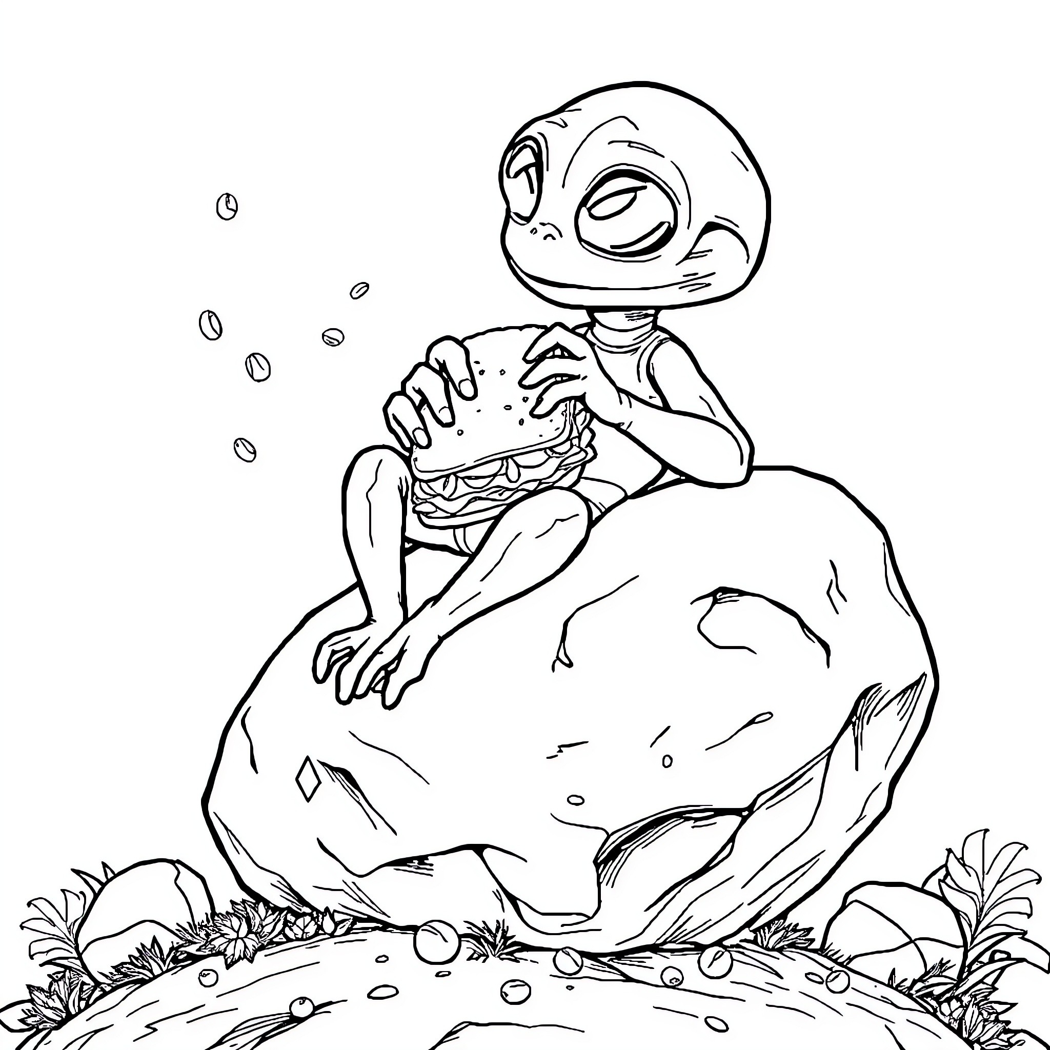 ET enjoying a tasty snack on a rocky outcrop Coloring Page (free black-and-white line drawing printable PDF for all, from beginners to advanced learners, including children, teens, adults, and seniors)