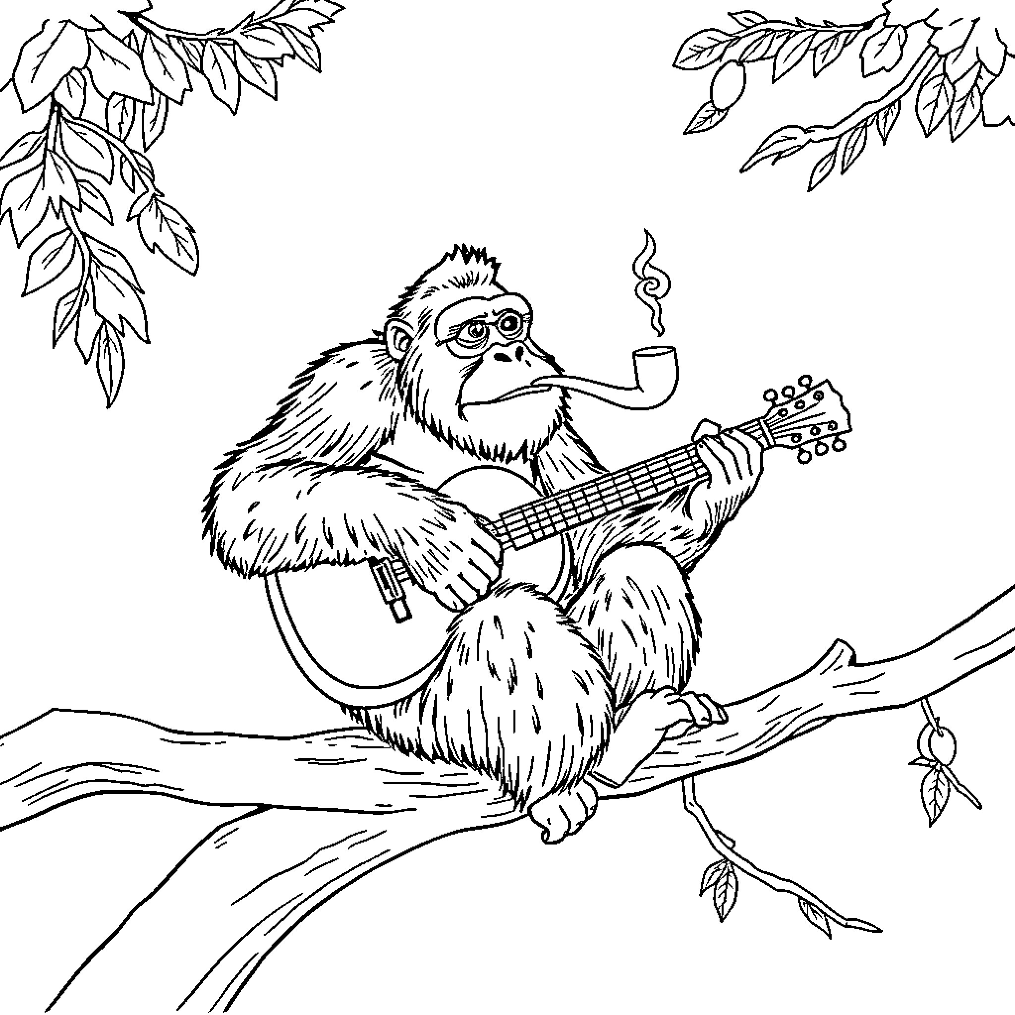 Orangutan playing guitar and smoking pipe in forest Coloring Page (free black-and-white line drawing printable PDF for all, from beginners to advanced learners, including children, teens, adults, and seniors)