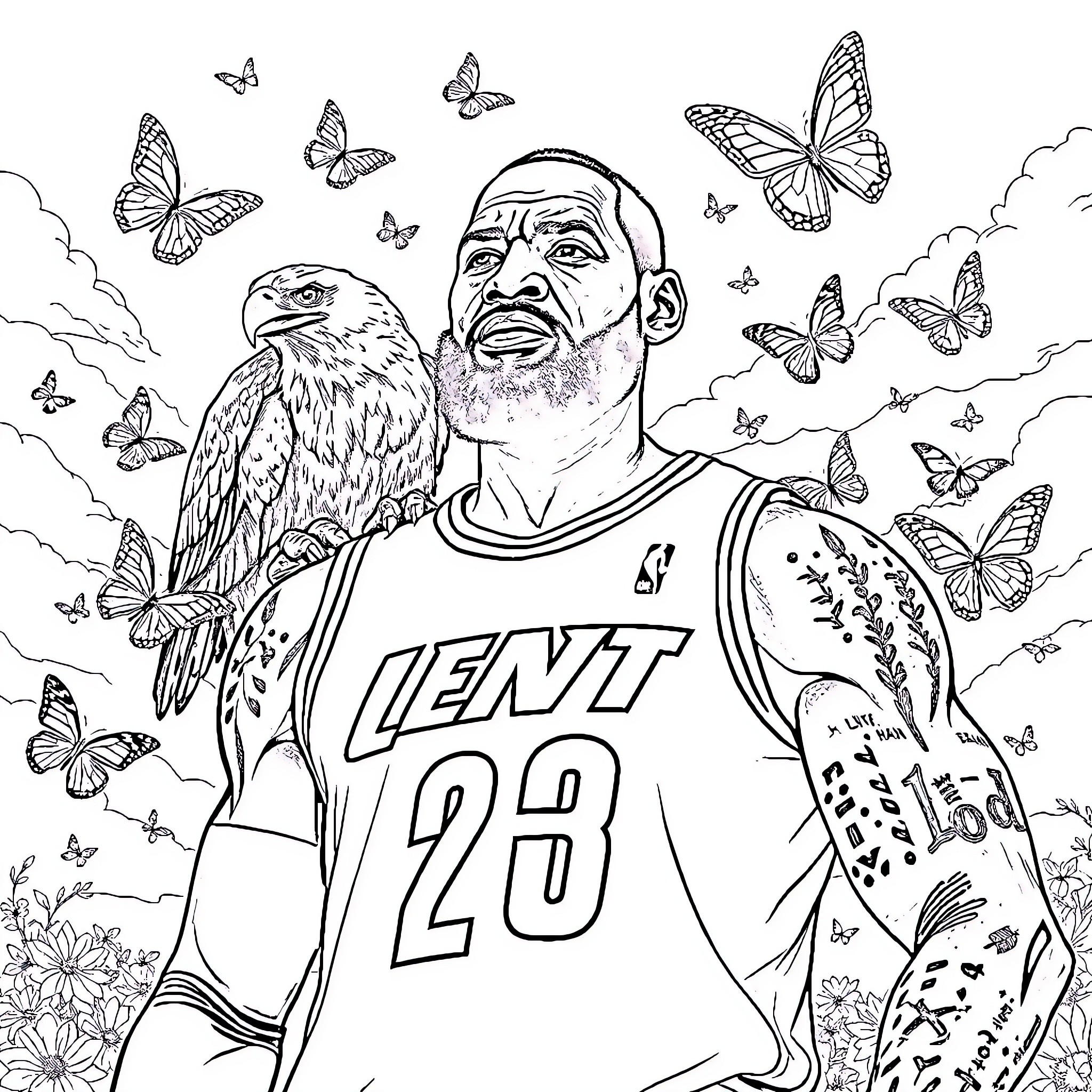LeBron James surrounded by butterflies and nature Coloring Page (free black-and-white line drawing printable PDF for all, from beginners to advanced learners, including children, teens, adults, and seniors)