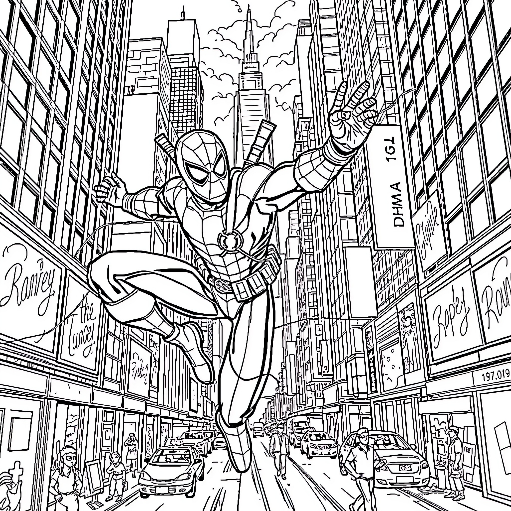 Deadpool swinging through New York City Coloring Page (free black-and-white line drawing printable PDF for all, from beginners to advanced learners, including children, teens, adults, and seniors)