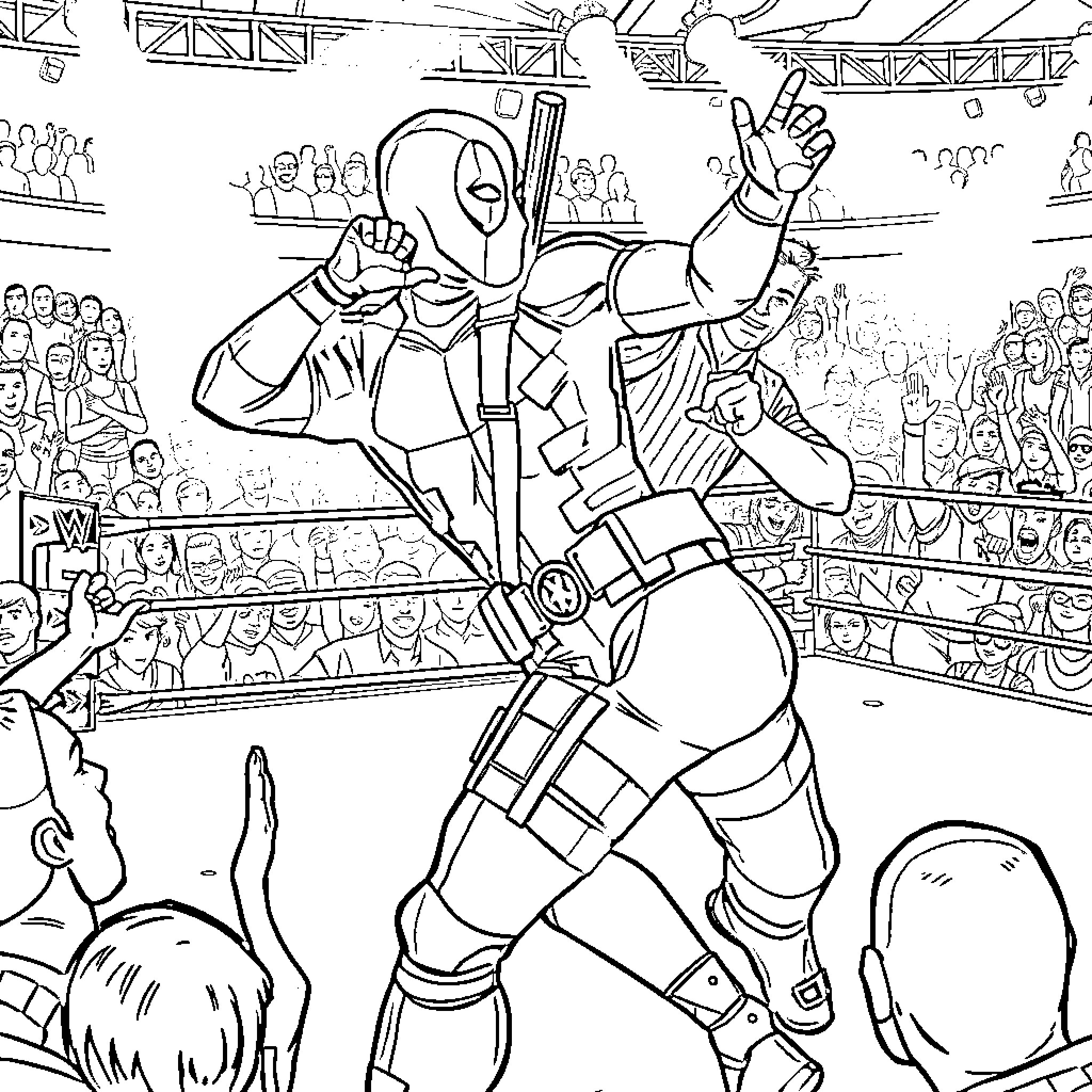 Deadpool's Theatrical Showdown in the Wrestling Ring Coloring Page (free black-and-white line drawing printable PDF for all, from beginners to advanced learners, including children, teens, adults, and seniors)