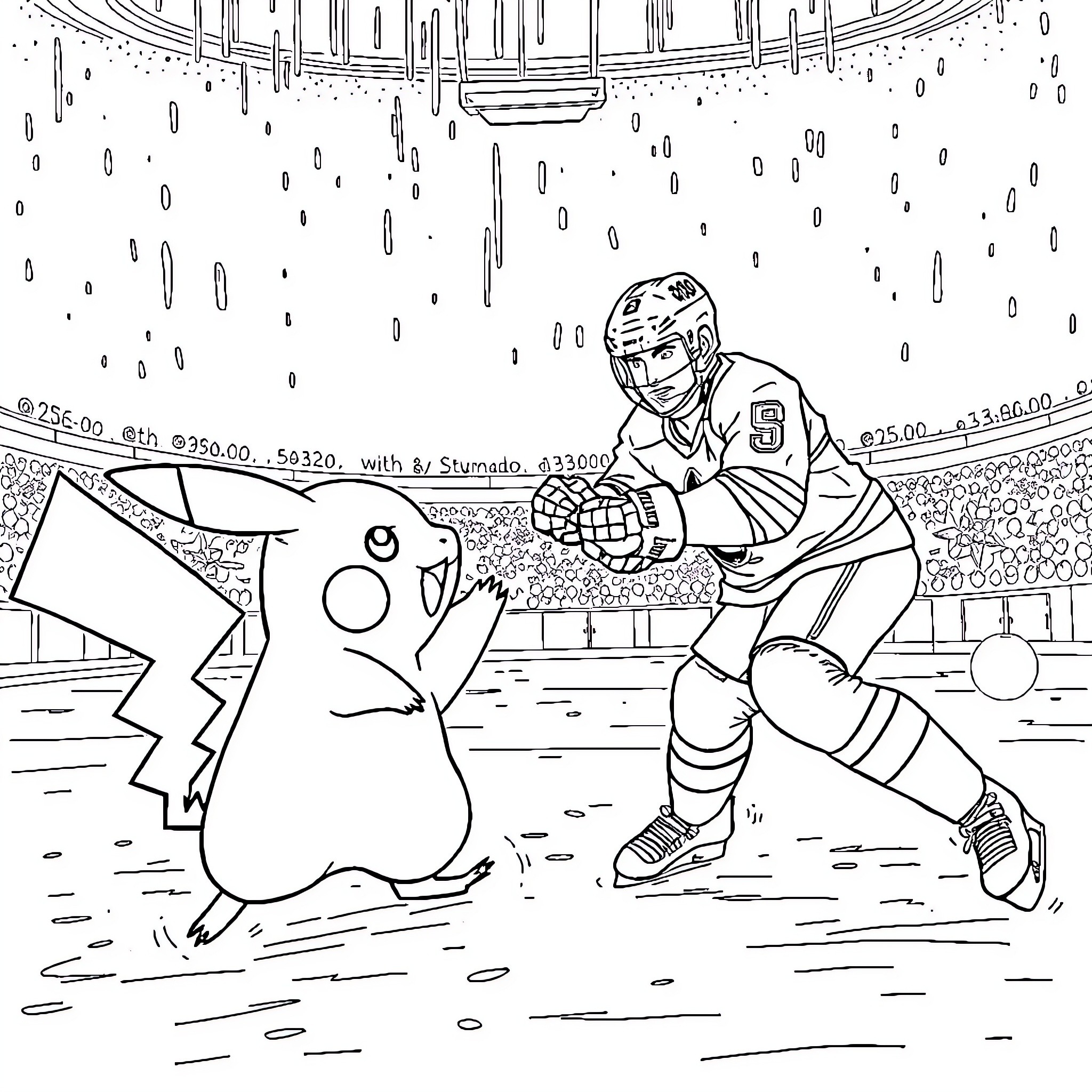Pikachu playing hockey with an athlete in the arena Coloring Page (free black-and-white line drawing printable PDF for all, from beginners to advanced learners, including children, teens, adults, and seniors)