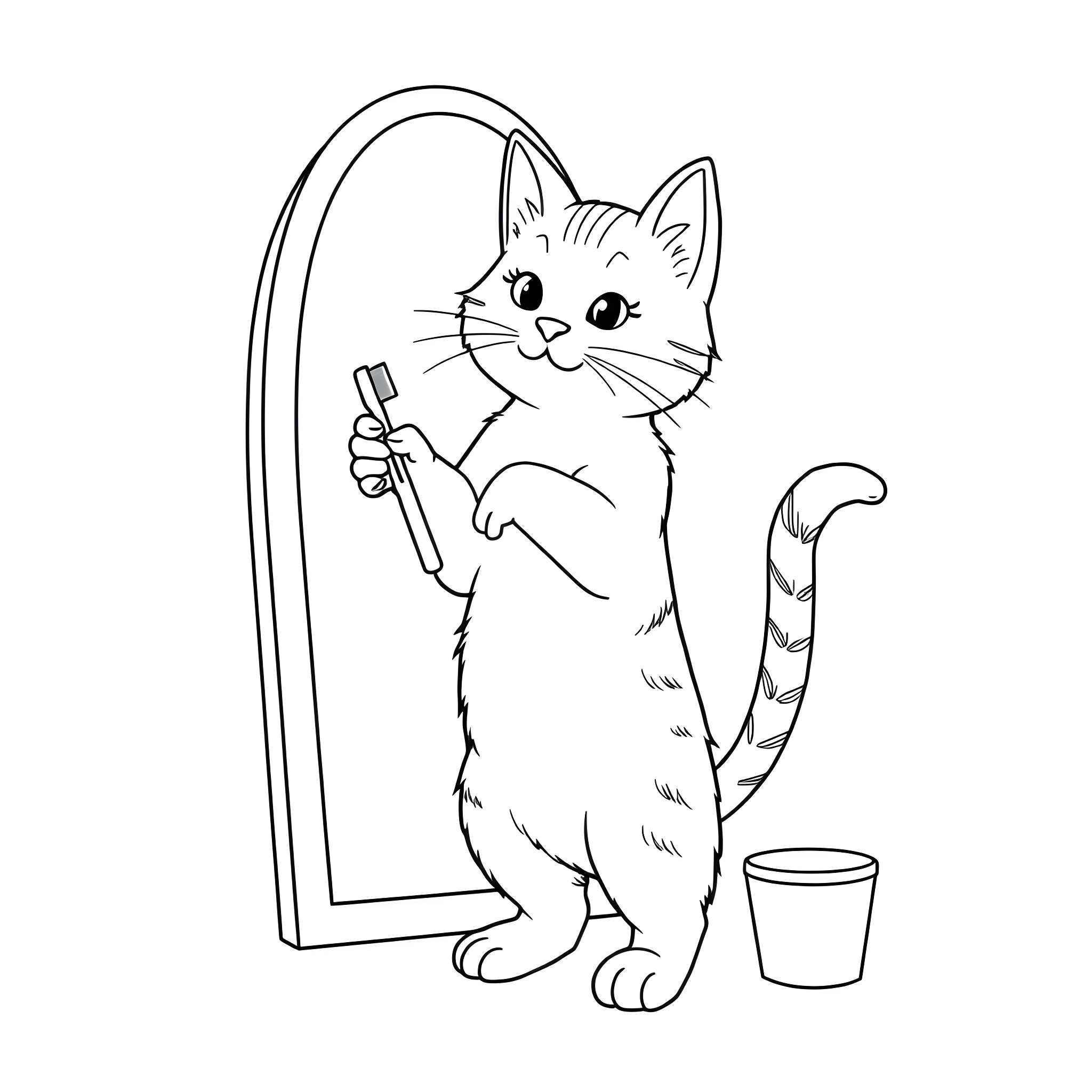 Cat looking at itself in the mirror Coloring Page (free black-and-white line drawing printable PDF for all, from beginners to advanced learners, including children, teens, adults, and seniors)