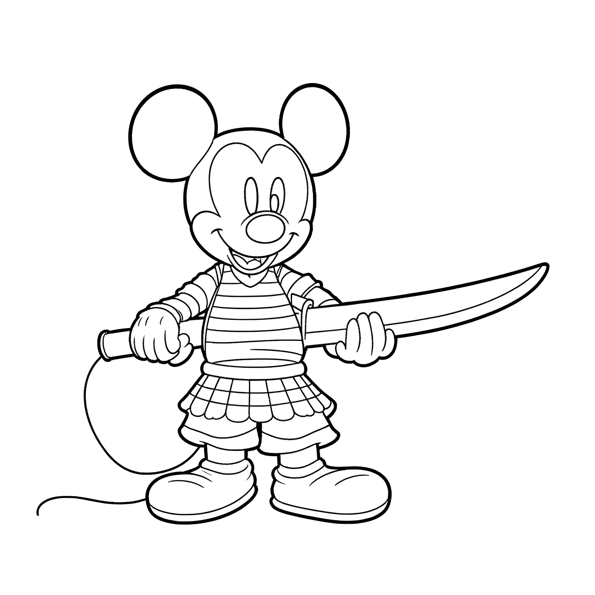 Mickey Mouse wielding a sword in action Coloring Page (free black-and-white line drawing printable PDF for all, from beginners to advanced learners, including children, teens, adults, and seniors)