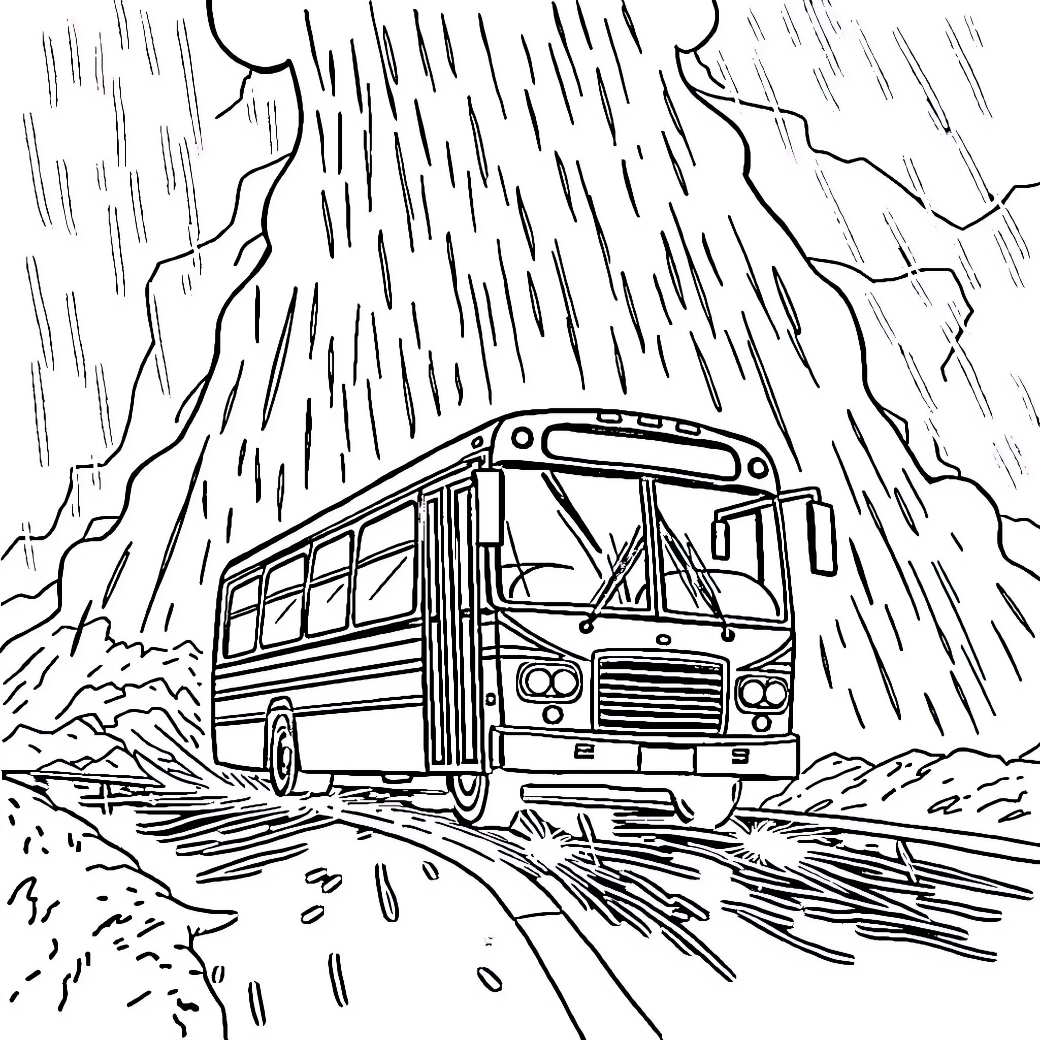 Bus driving through rainy mountainous landscape Coloring Page (free black-and-white line drawing printable PDF for all, from beginners to advanced learners, including children, teens, adults, and seniors)