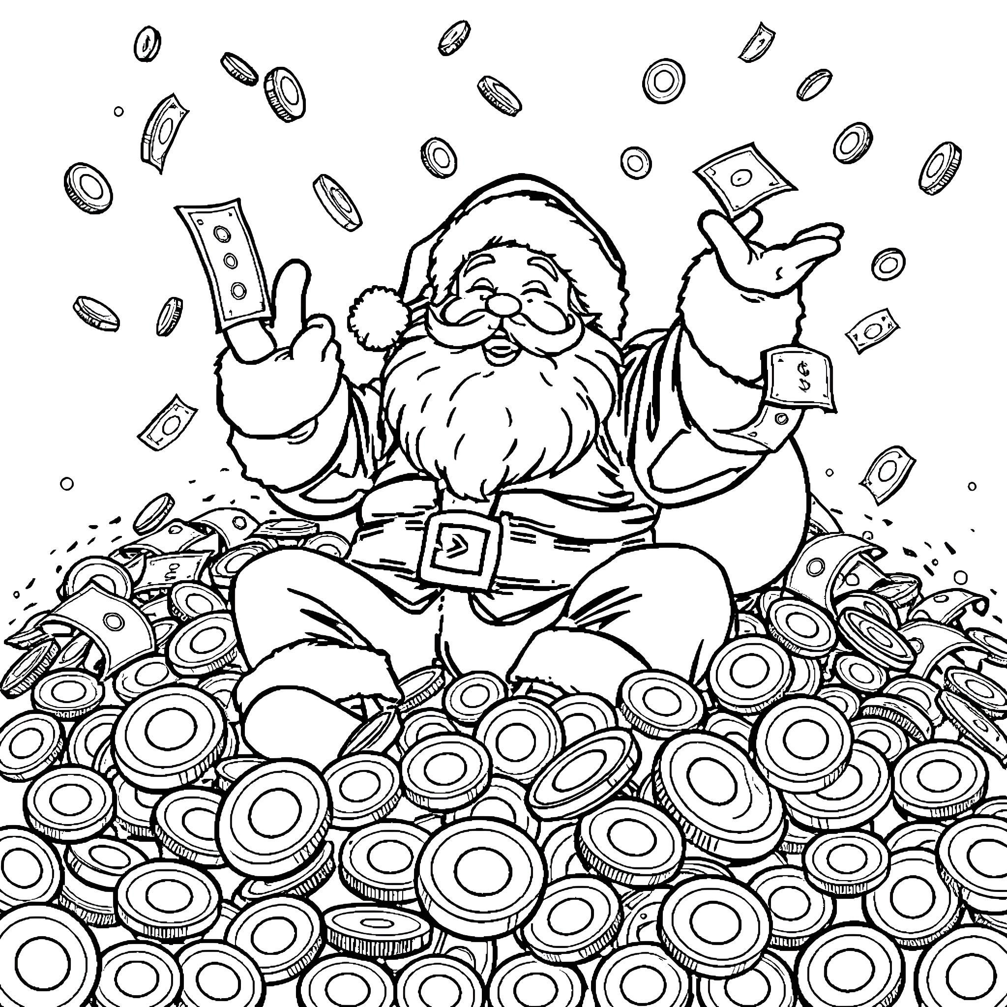 Santa Claus Counting and Enjoying His Wealth Coloring Page (free black-and-white line drawing printable PDF for all, from beginners to advanced learners, including children, teens, adults, and seniors)