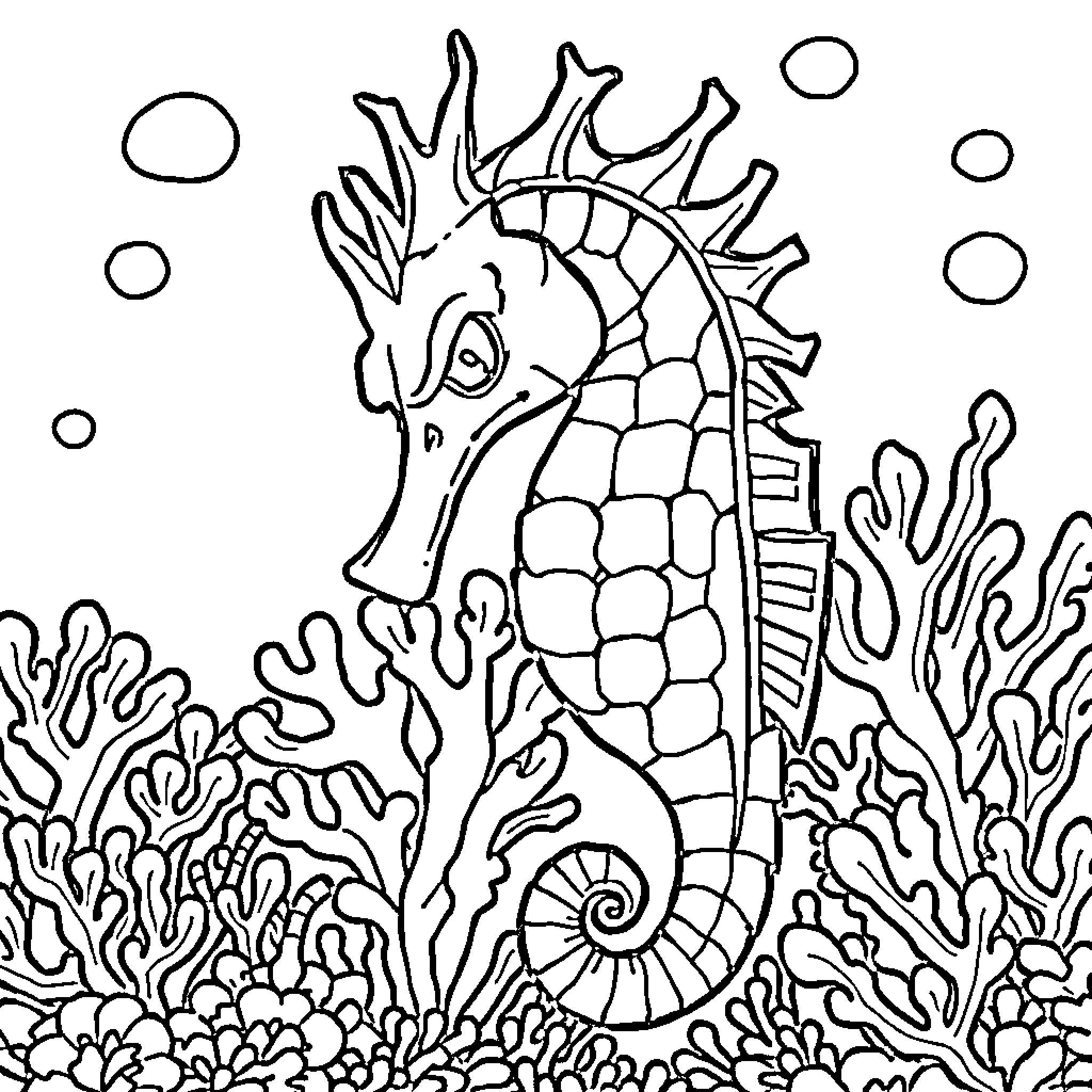 Seahorse swimming among coral reefs Coloring Page (free black-and-white line drawing printable PDF for all, from beginners to advanced learners, including children, teens, adults, and seniors)