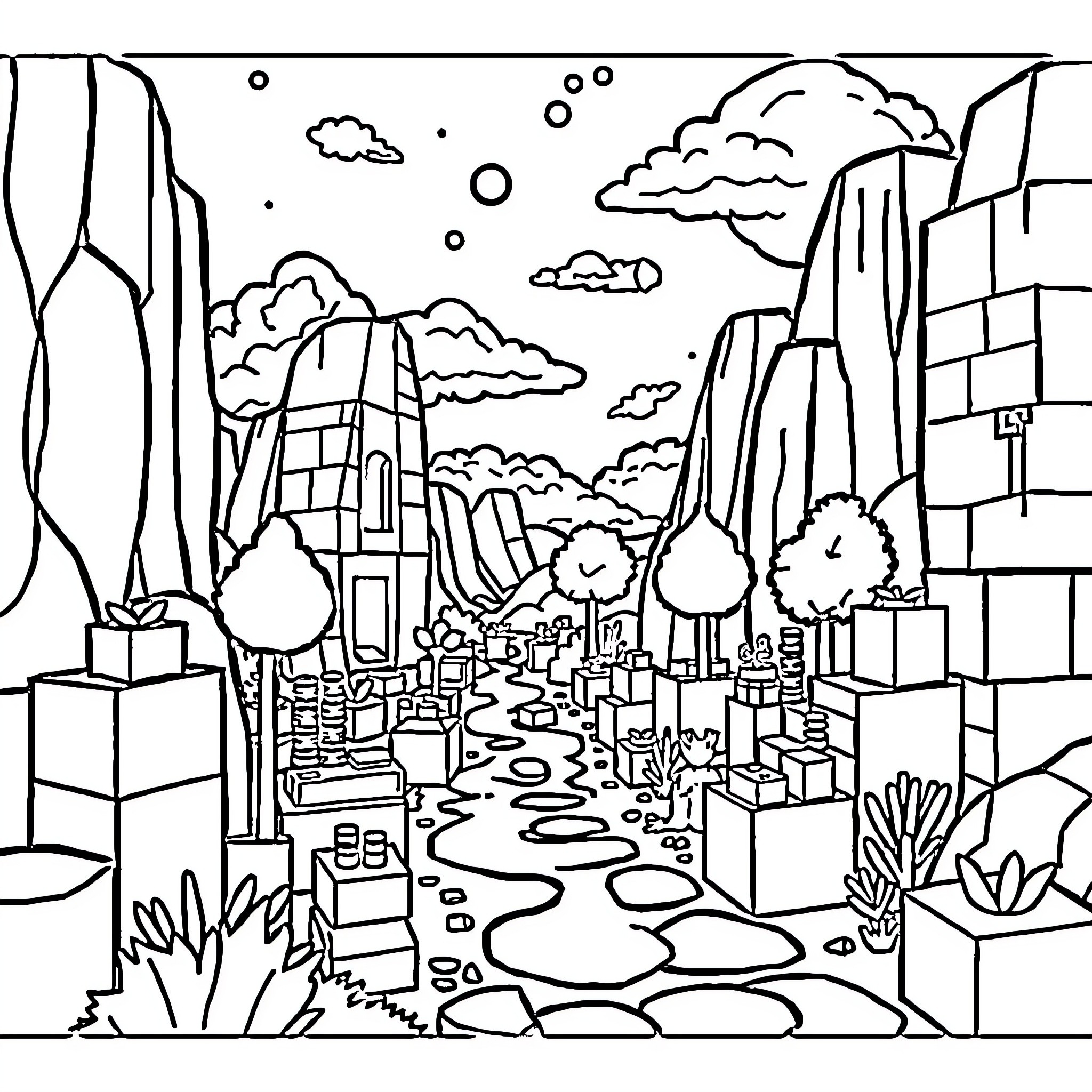 Minecraft landscape with mountains, clouds, and buildings Coloring Page (free black-and-white line drawing printable PDF for all, from beginners to advanced learners, including children, teens, adults, and seniors)