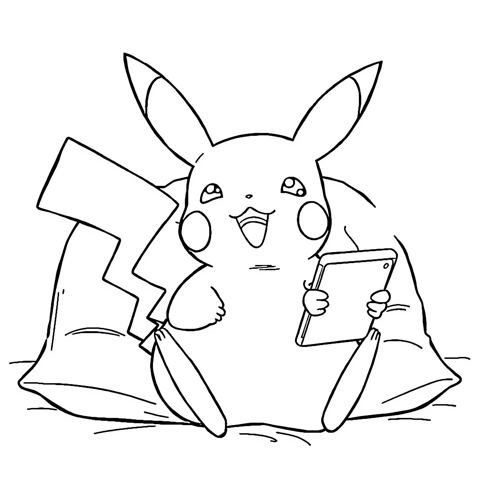 Pikachu playing joyfully with device Coloring Page (free black-and-white line drawing printable PDF for all, from beginners to advanced learners, including children, teens, adults, and seniors)