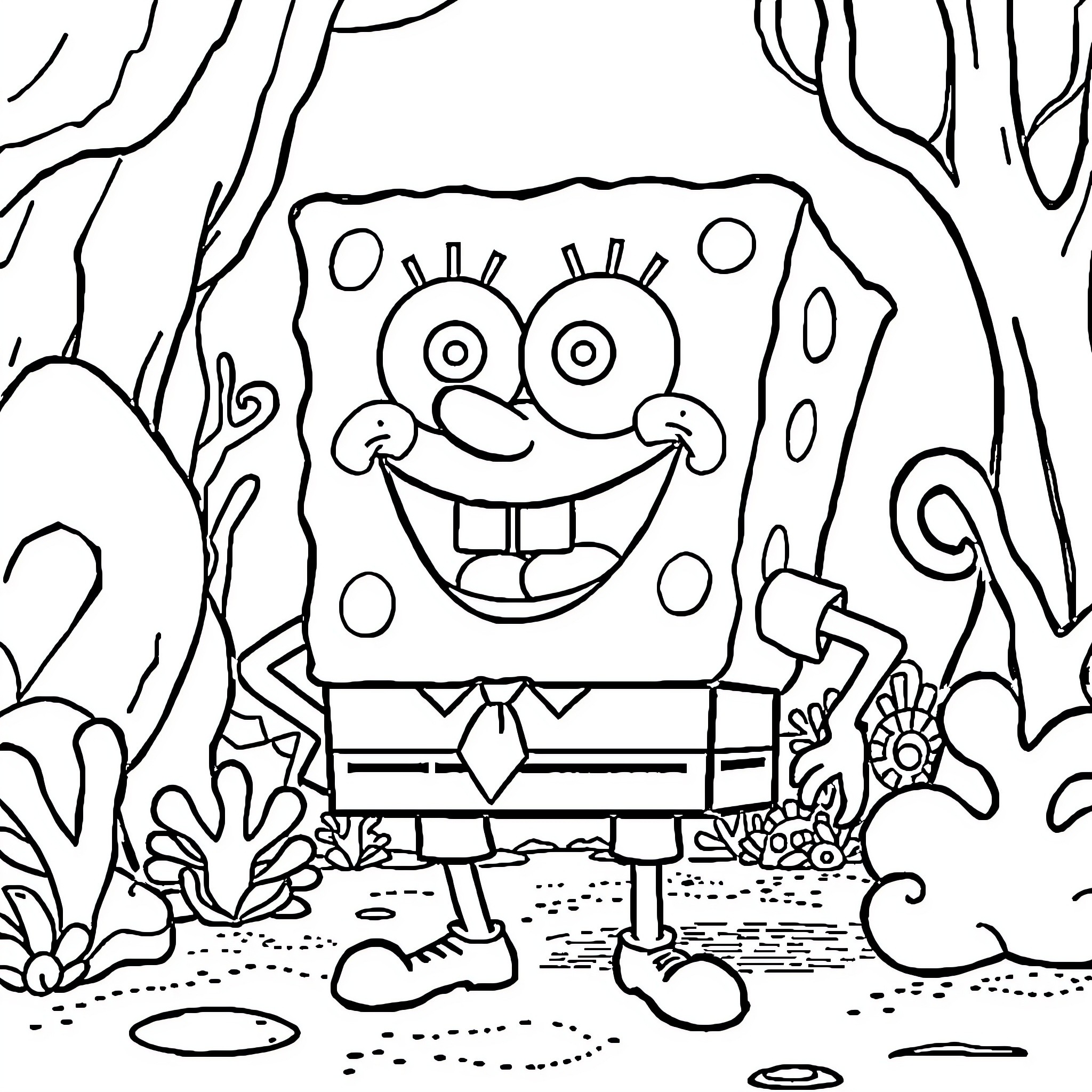 Spongebob's Delightful Adventure in the Underwater Forest Coloring Page (free black-and-white line drawing printable PDF for all, from beginners to advanced learners, including children, teens, adults, and seniors)
