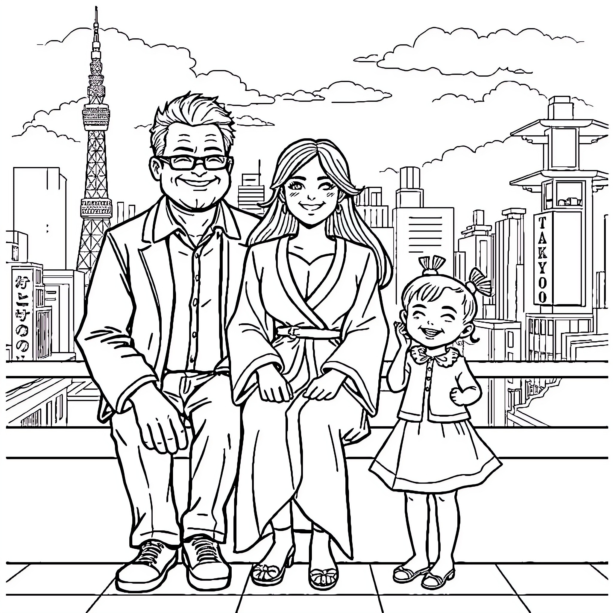 Family enjoying a day in the city Coloring Page (free black-and-white line drawing printable PDF for all, from beginners to advanced learners, including children, teens, adults, and seniors)