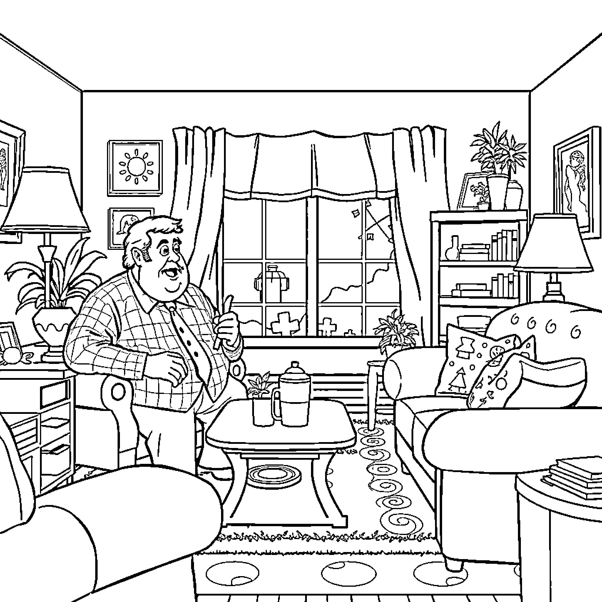 John Candy relaxing at home in his comfortable living room Coloring Page (free black-and-white line drawing printable PDF for all, from beginners to advanced learners, including children, teens, adults, and seniors)