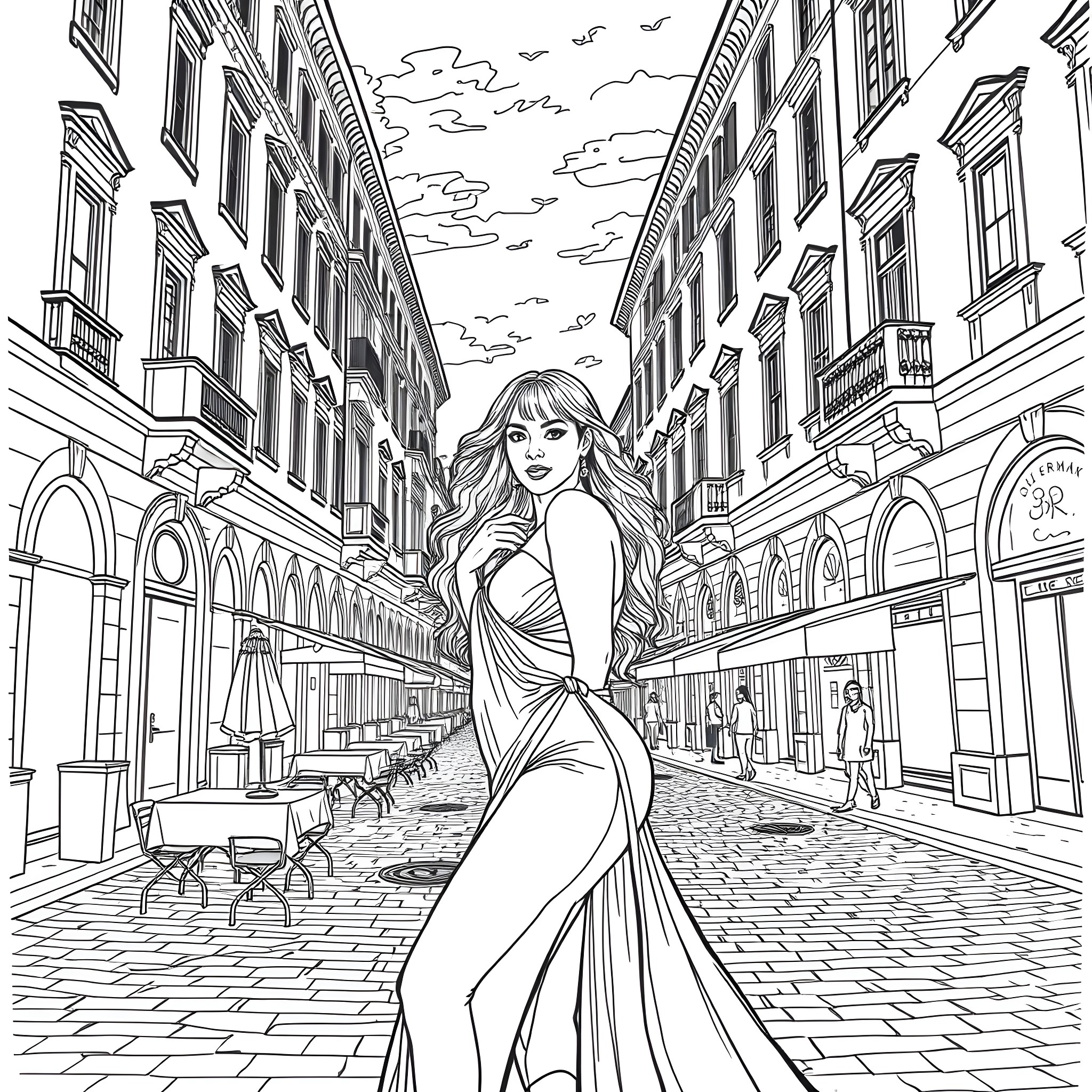 Beyonce Strolling Through a Picturesque European City Street Coloring Page (free black-and-white line drawing printable PDF for all, from beginners to advanced learners, including children, teens, adults, and seniors)