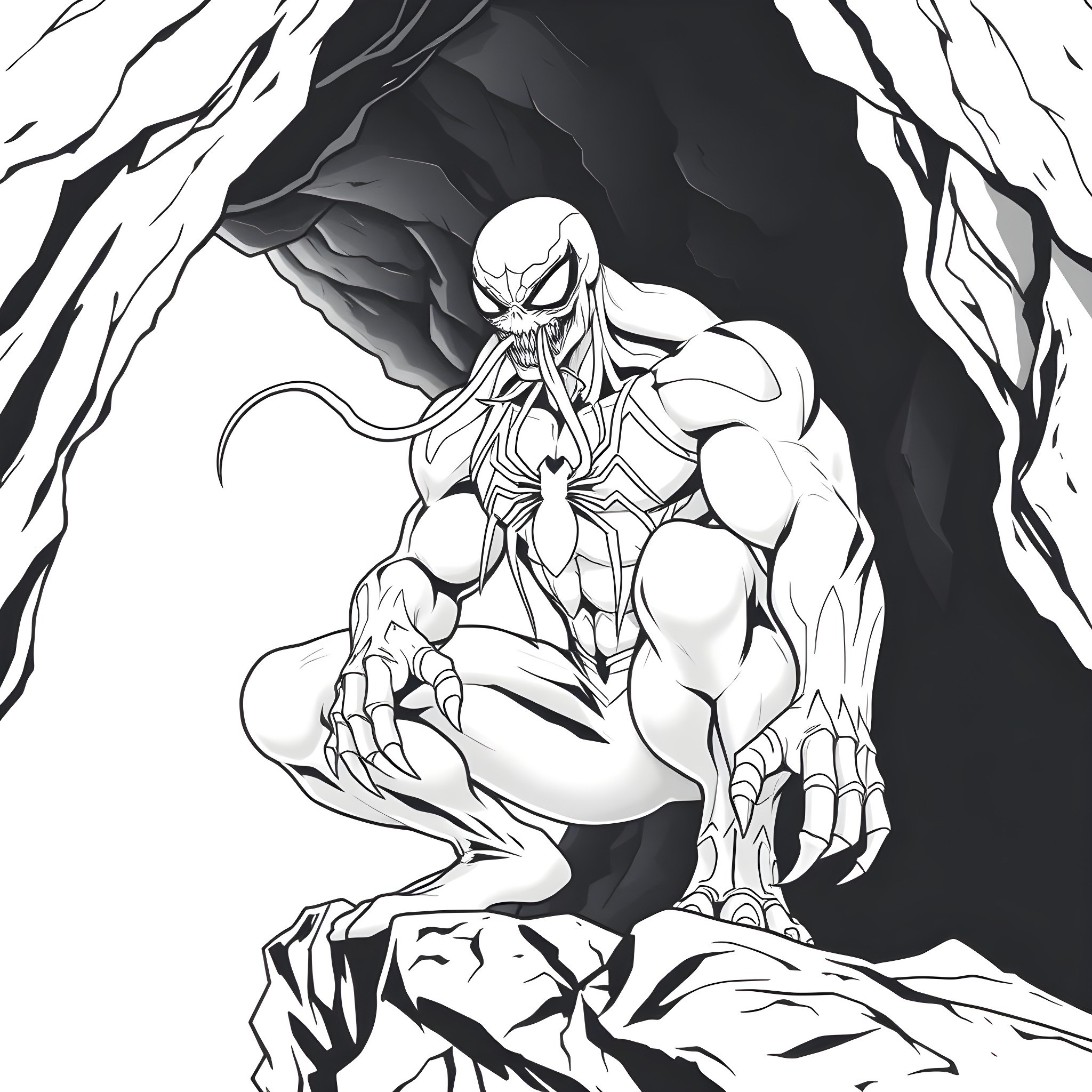 Venom Unleashed in the Abyss Coloring Page (free black-and-white line drawing printable PDF for all, from beginners to advanced learners, including children, teens, adults, and seniors)