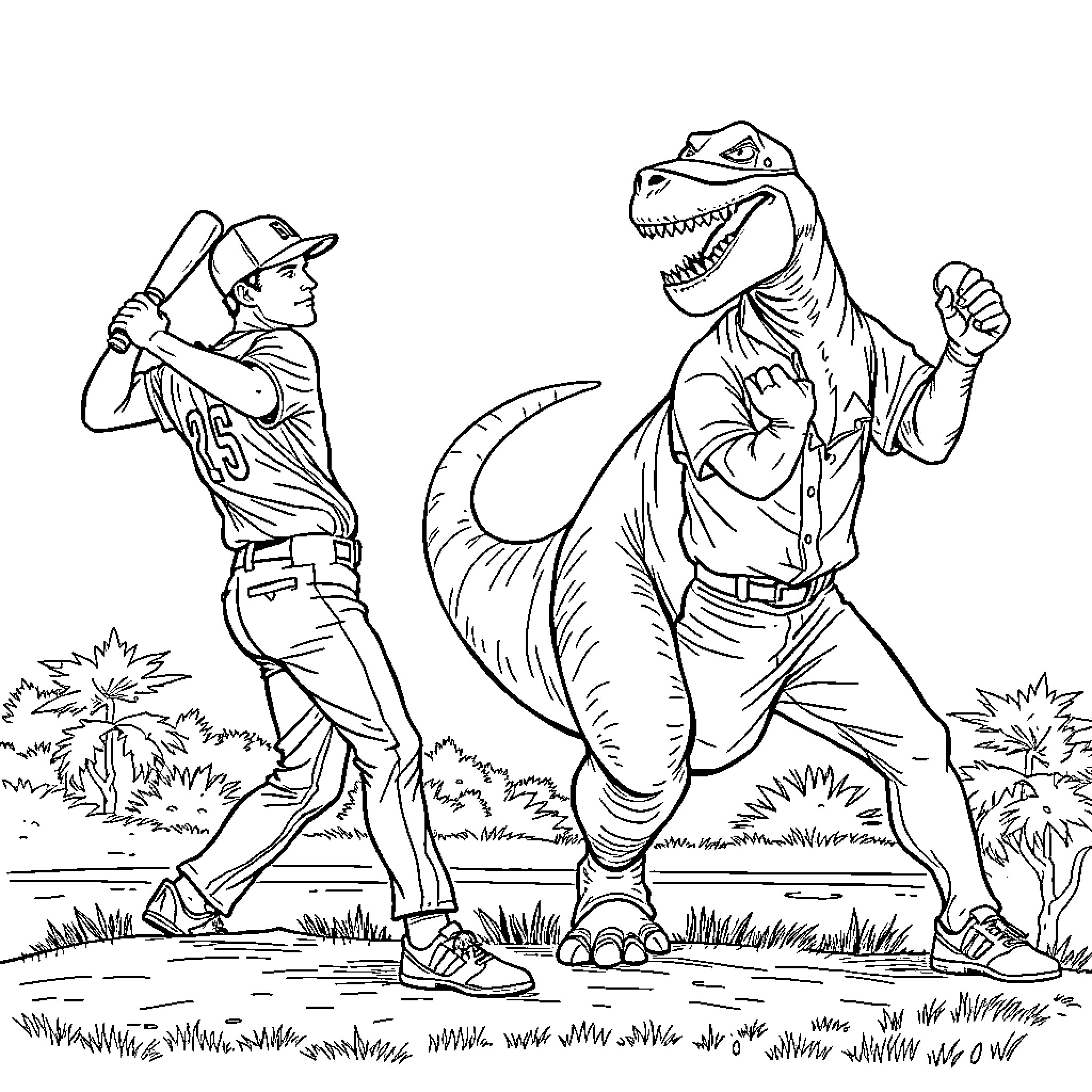 Baseball Player Facing Off Against Dinosaur Opponent Coloring Page (free black-and-white line drawing printable PDF for all, from beginners to advanced learners, including children, teens, adults, and seniors)