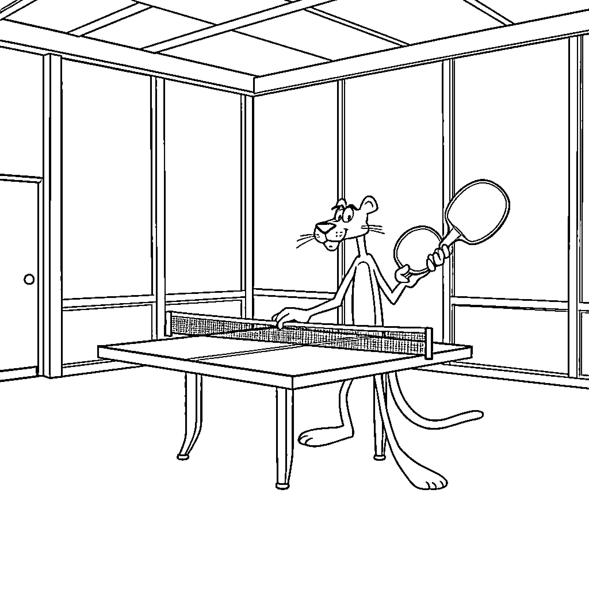 Pink Panther playing tennis in a glass-enclosed court Coloring Page (free black-and-white line drawing printable PDF for all, from beginners to advanced learners, including children, teens, adults, and seniors)