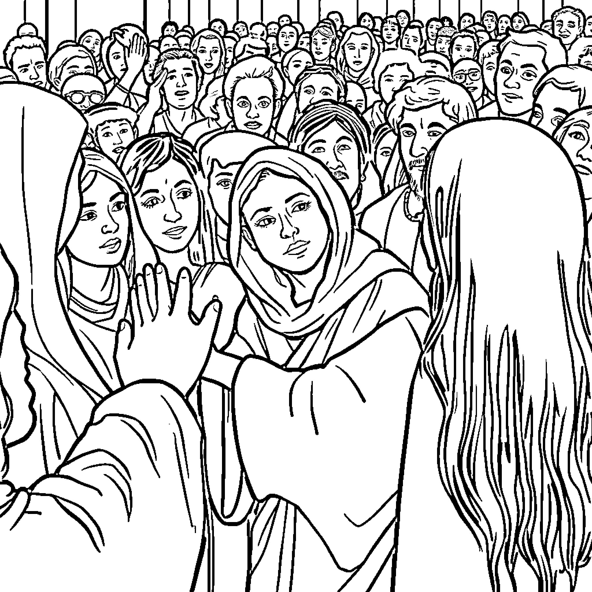 Woman in Crowd of People Coloring Page (free black-and-white line drawing printable PDF for all, from beginners to advanced learners, including children, teens, adults, and seniors)