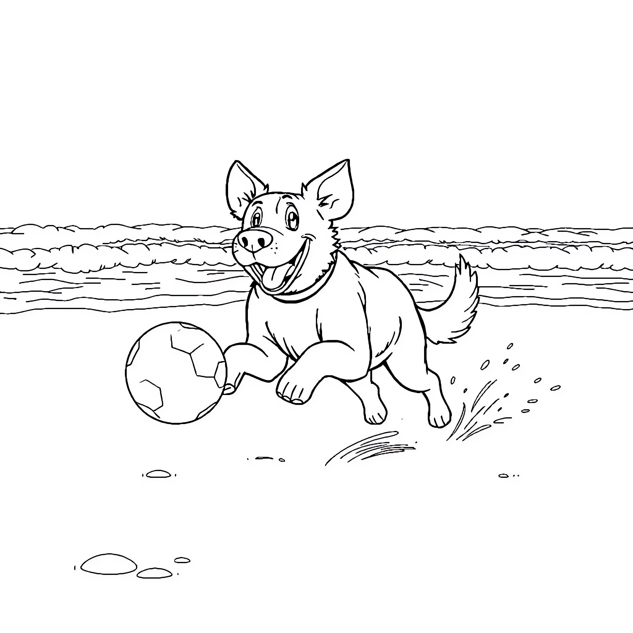 Dog playing joyfully with soccer ball on the beach Coloring Page (free black-and-white line drawing printable PDF for all, from beginners to advanced learners, including children, teens, adults, and seniors)