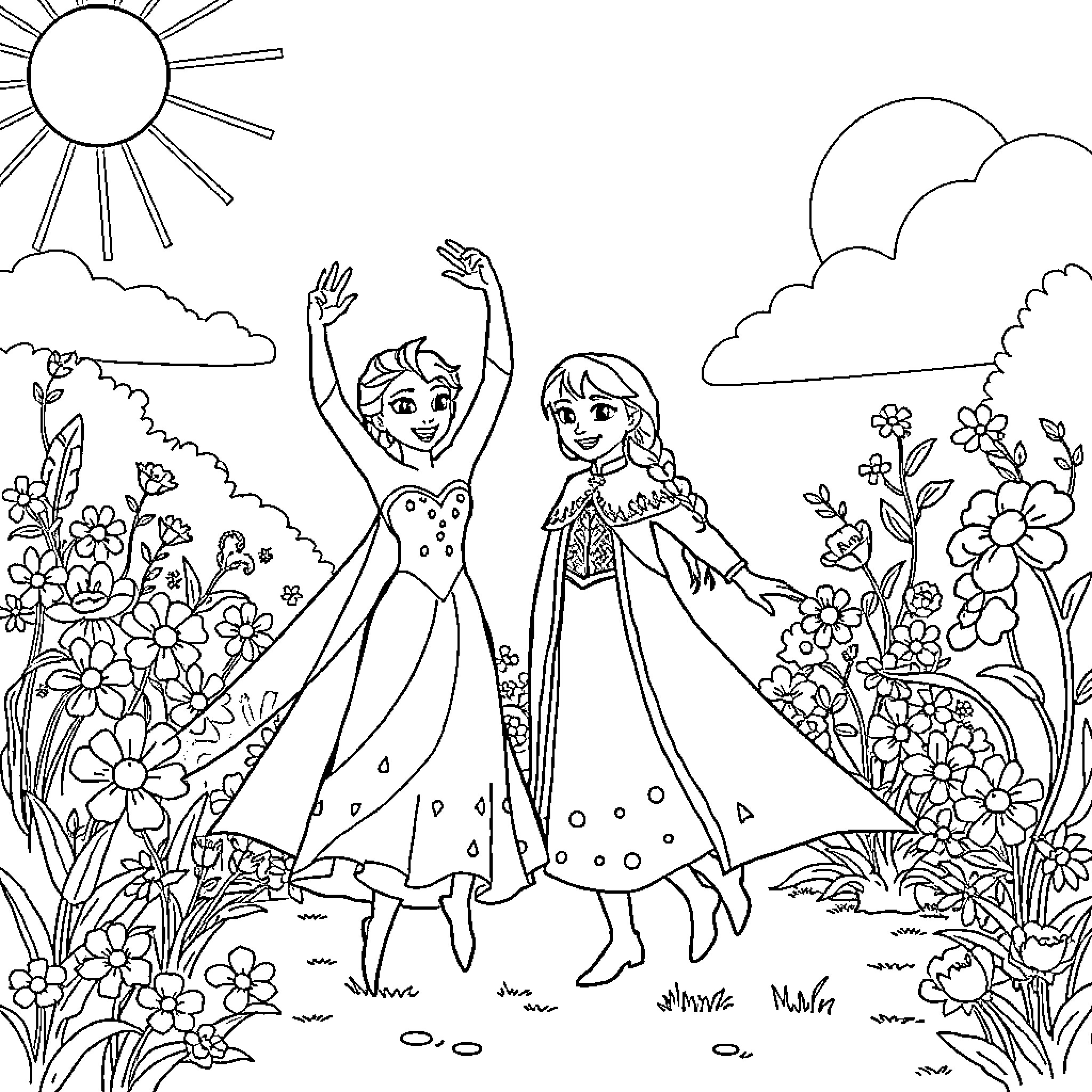 Elsa and Anna dancing joyfully in a flowery meadow Coloring Page (free black-and-white line drawing printable PDF for all, from beginners to advanced learners, including children, teens, adults, and seniors)