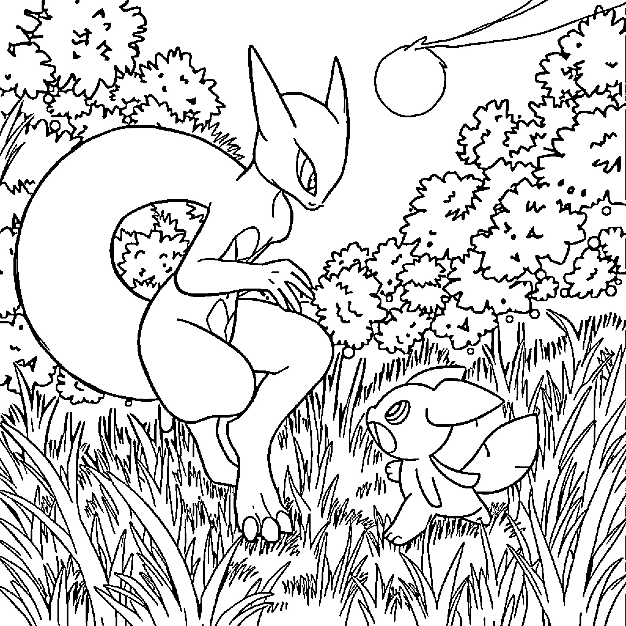 Mewtwo in a Serene Moonlit Meadow Coloring Page (free black-and-white line drawing printable PDF for all, from beginners to advanced learners, including children, teens, adults, and seniors)
