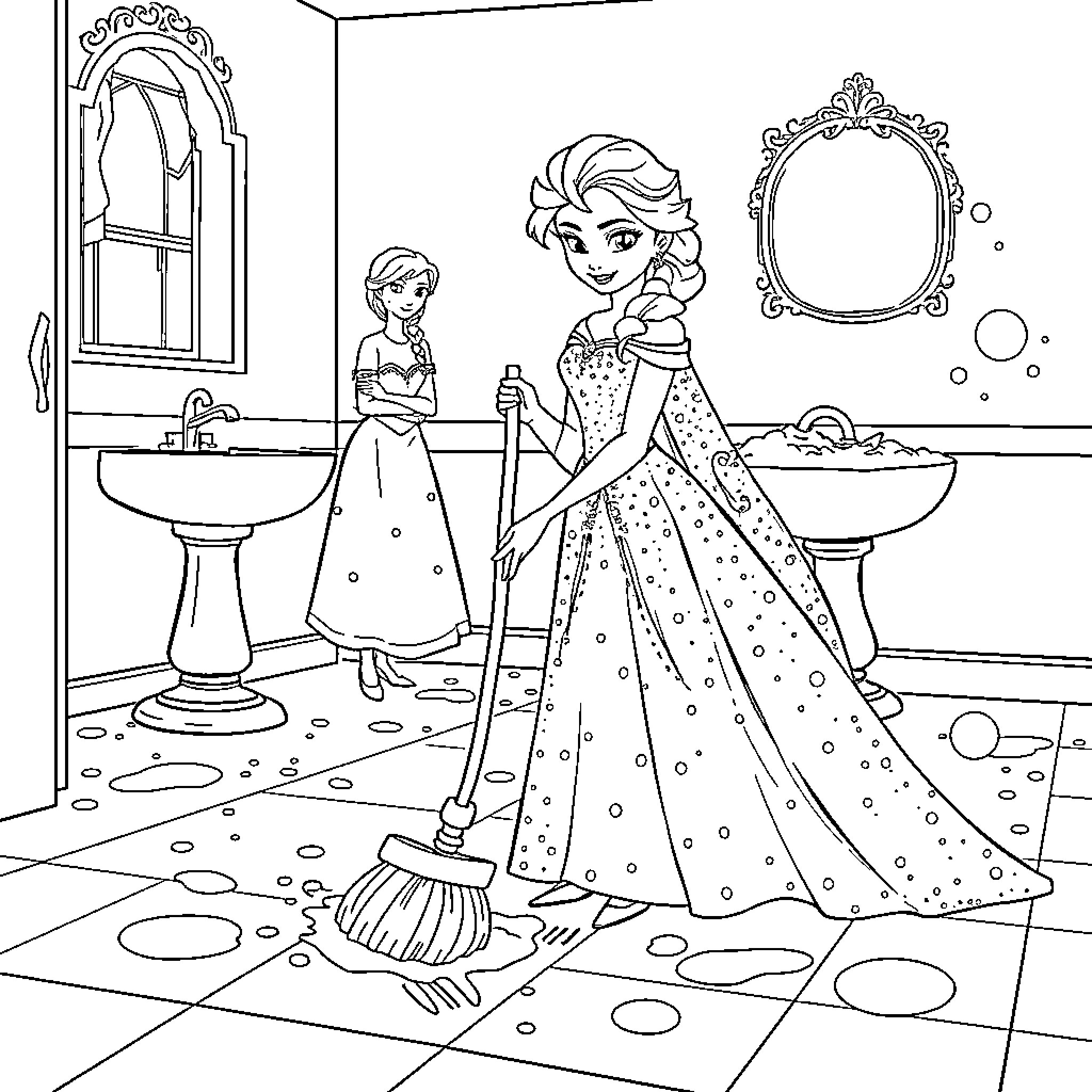 Elsa cleaning the castle bathroom with Anna Coloring Page (free black-and-white line drawing printable PDF for all, from beginners to advanced learners, including children, teens, adults, and seniors)