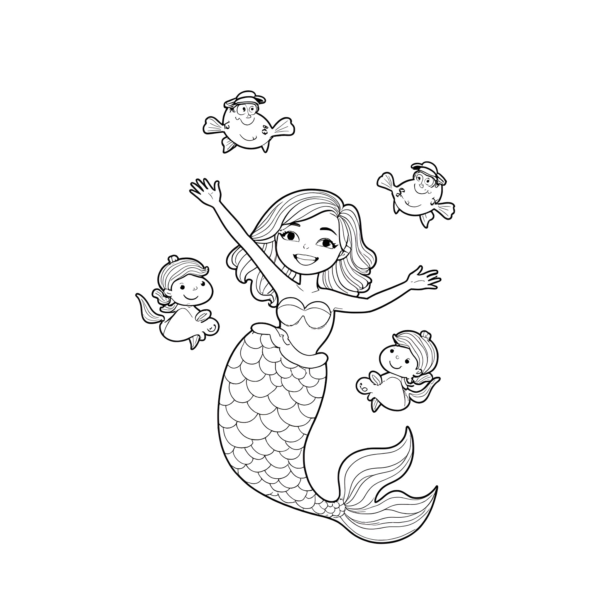 Mermaid playing with cheerful fish friends Coloring Page (free black-and-white line drawing printable PDF for all, from beginners to advanced learners, including children, teens, adults, and seniors)