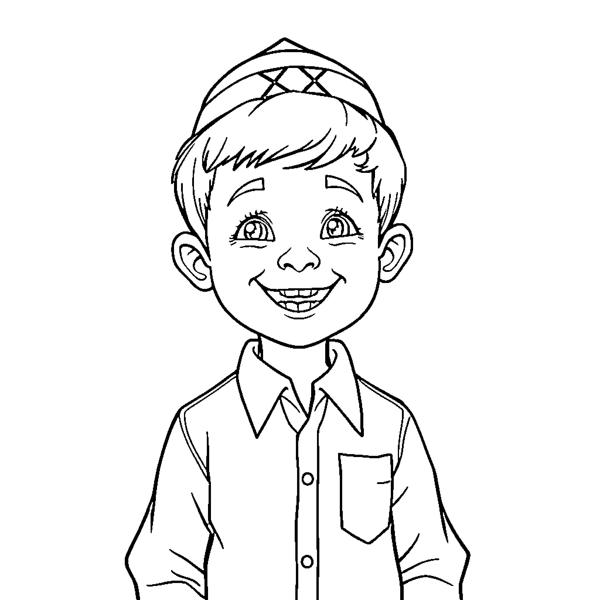 Chasidic Boy Smiling Happily Coloring Page (free black-and-white line drawing printable PDF for all, from beginners to advanced learners, including children, teens, adults, and seniors)