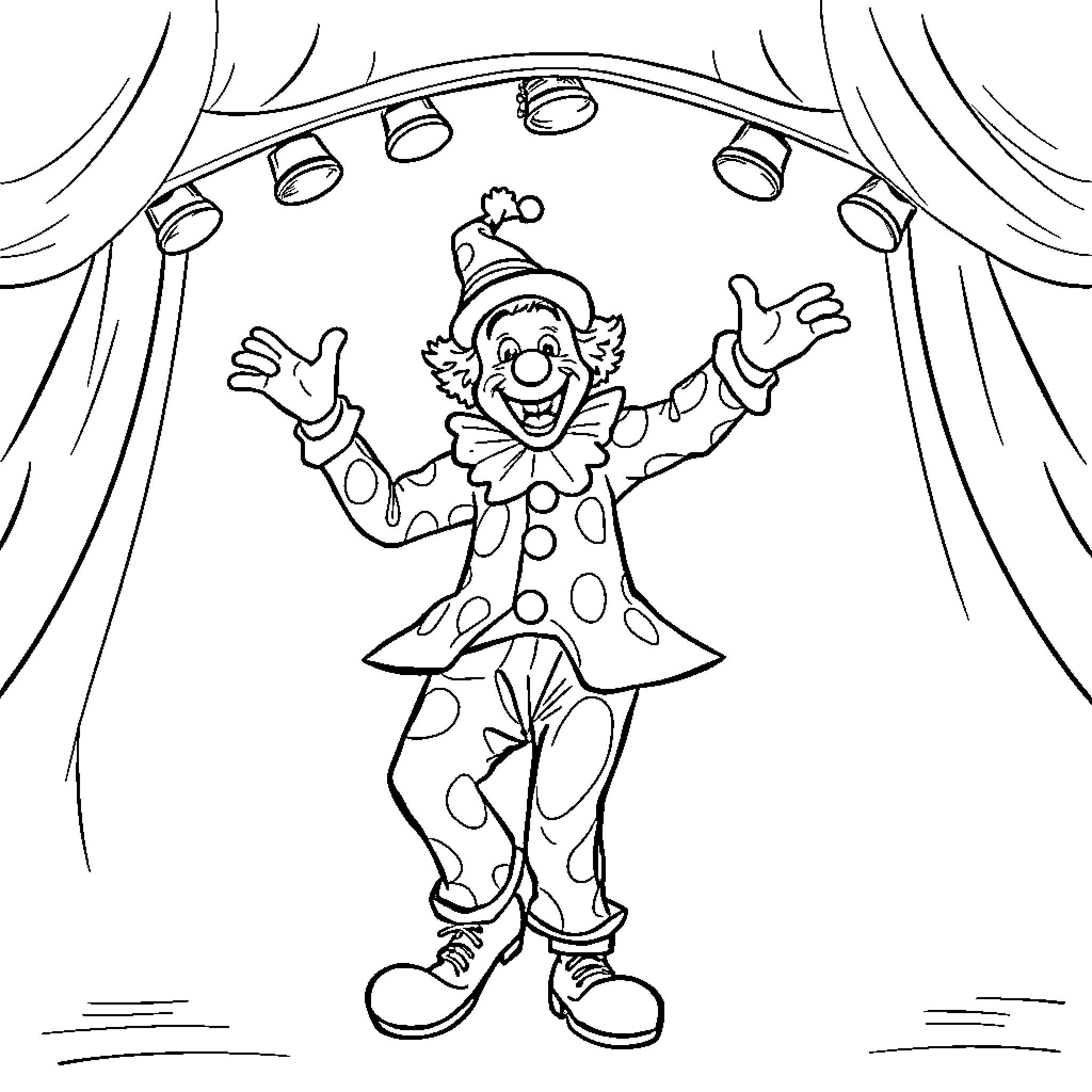 Clown performing lively on stage Coloring Page (free black-and-white line drawing printable PDF for all, from beginners to advanced learners, including children, teens, adults, and seniors)