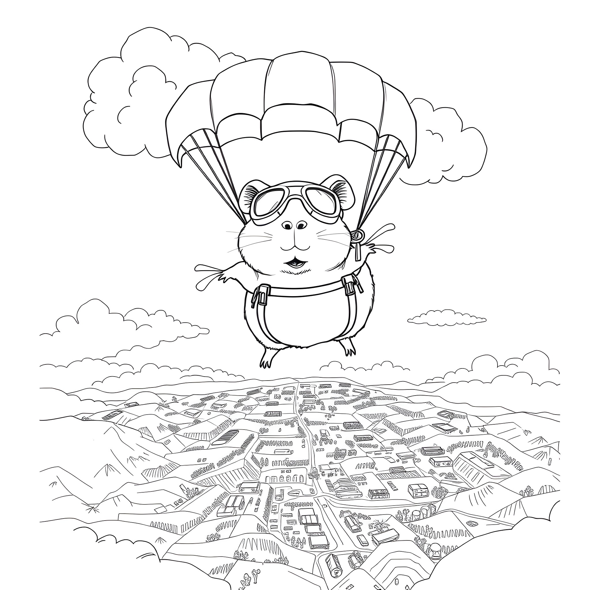 Guinea Pig Skydiving over the City Coloring Page (free black-and-white line drawing printable PDF for all, from beginners to advanced learners, including children, teens, adults, and seniors)