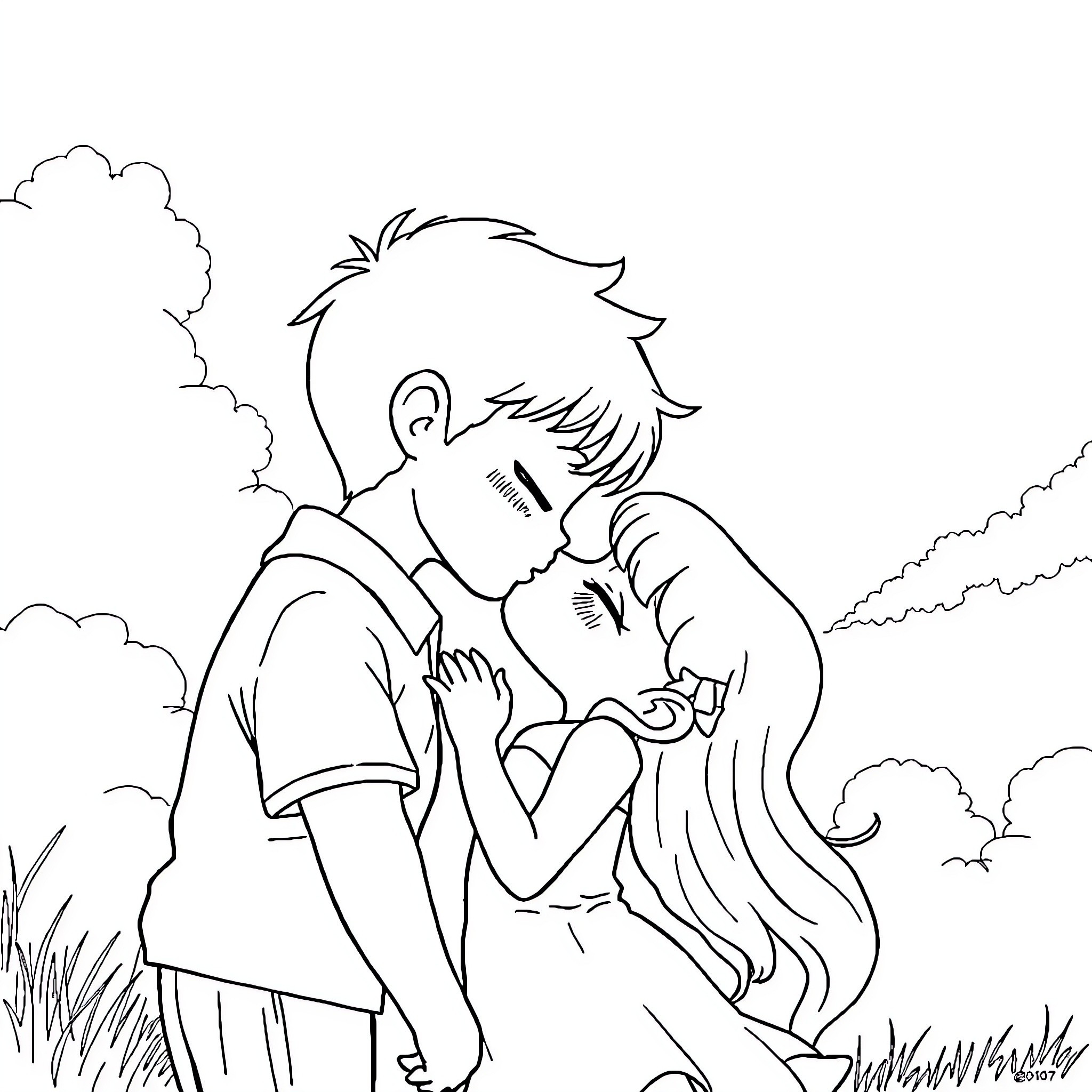 Golincho's tender embrace in a serene setting Coloring Page (free black-and-white line drawing printable PDF for all, from beginners to advanced learners, including children, teens, adults, and seniors)