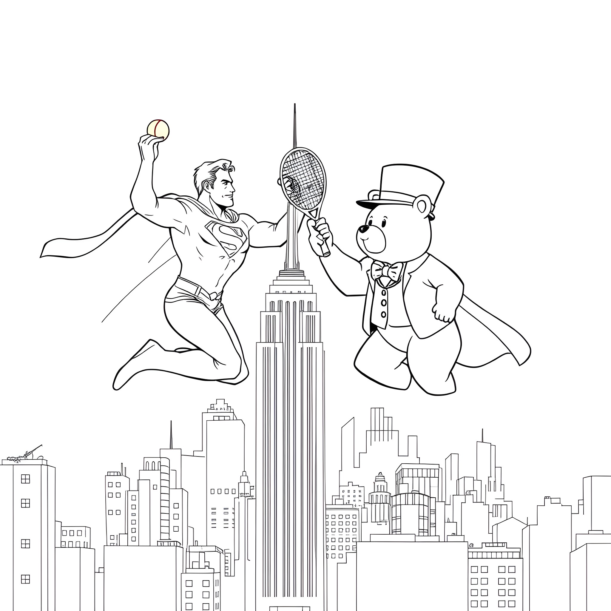 Superman saves the city from a mischievous snowman Coloring Page (free black-and-white line drawing printable PDF for all, from beginners to advanced learners, including children, teens, adults, and seniors)