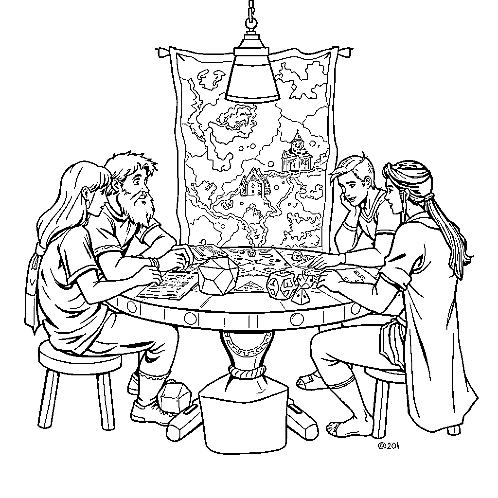 Dungeons and Dragons: Friends Gathered Around Map Coloring Page (free black-and-white line drawing printable PDF for all, from beginners to advanced learners, including children, teens, adults, and seniors)