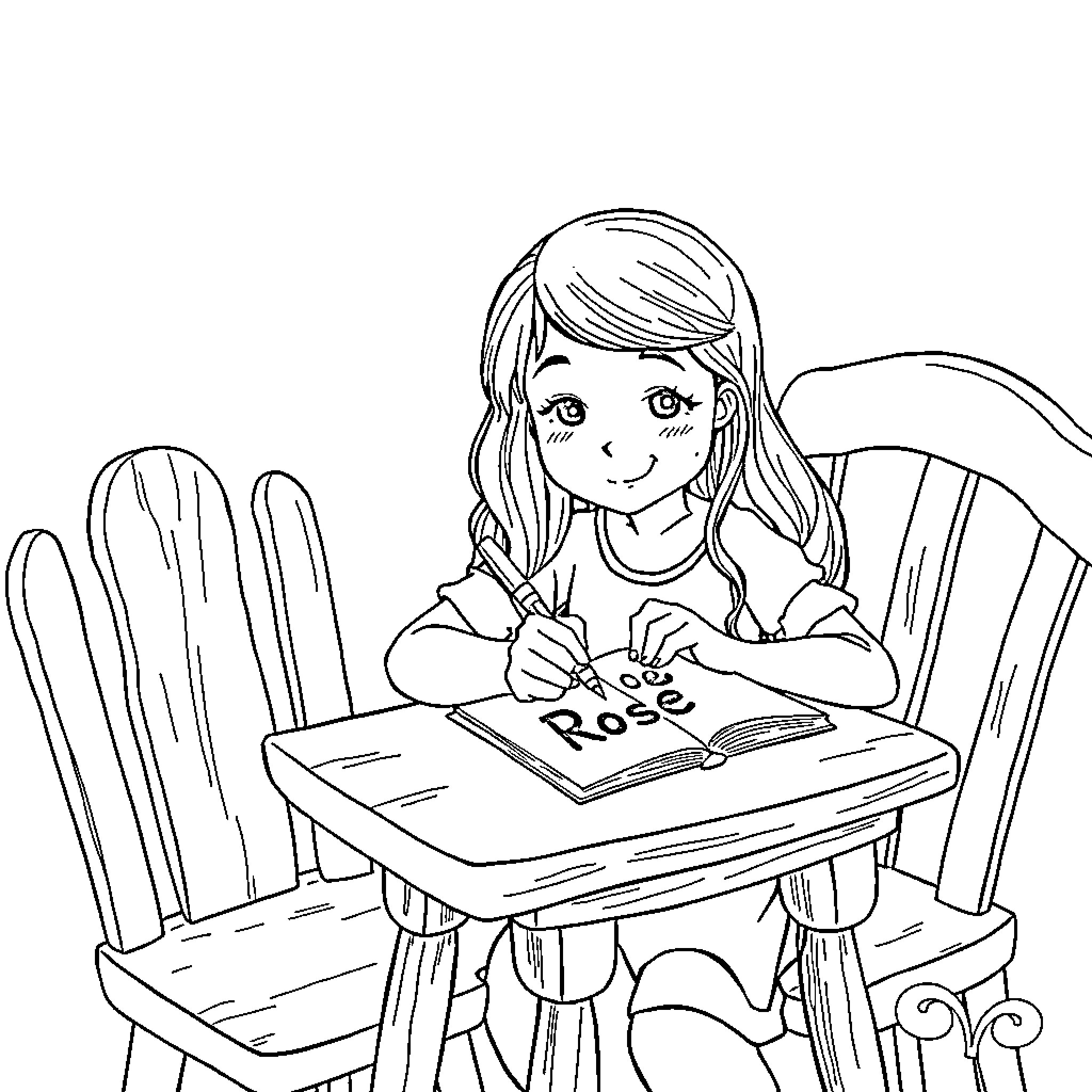 Rapunzel sitting and writing in a book Coloring Page (free black-and-white line drawing printable PDF for all, from beginners to advanced learners, including children, teens, adults, and seniors)