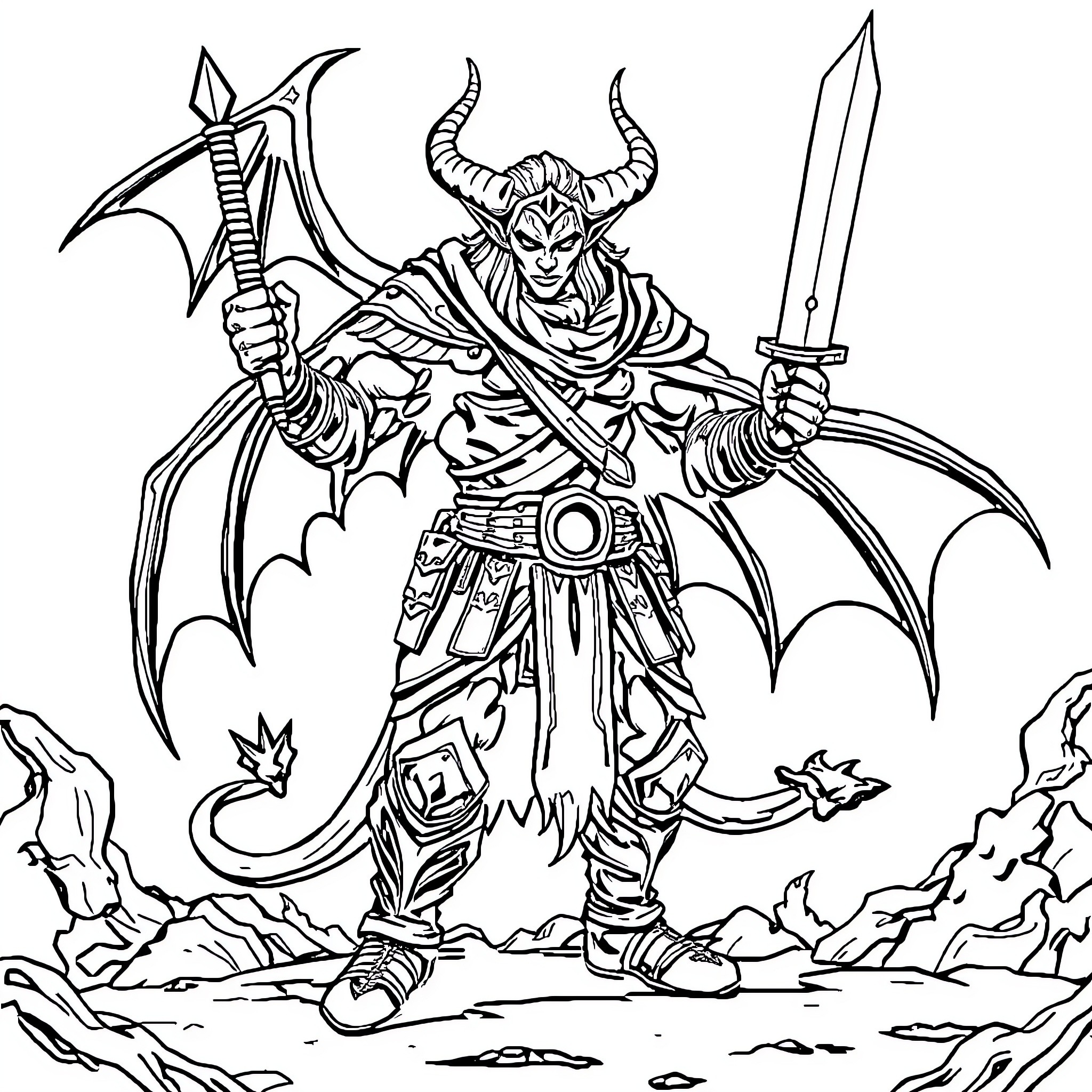 Demon Slayer Warrior in Fierce Battle Stance Coloring Page (free black-and-white line drawing printable PDF for all, from beginners to advanced learners, including children, teens, adults, and seniors)