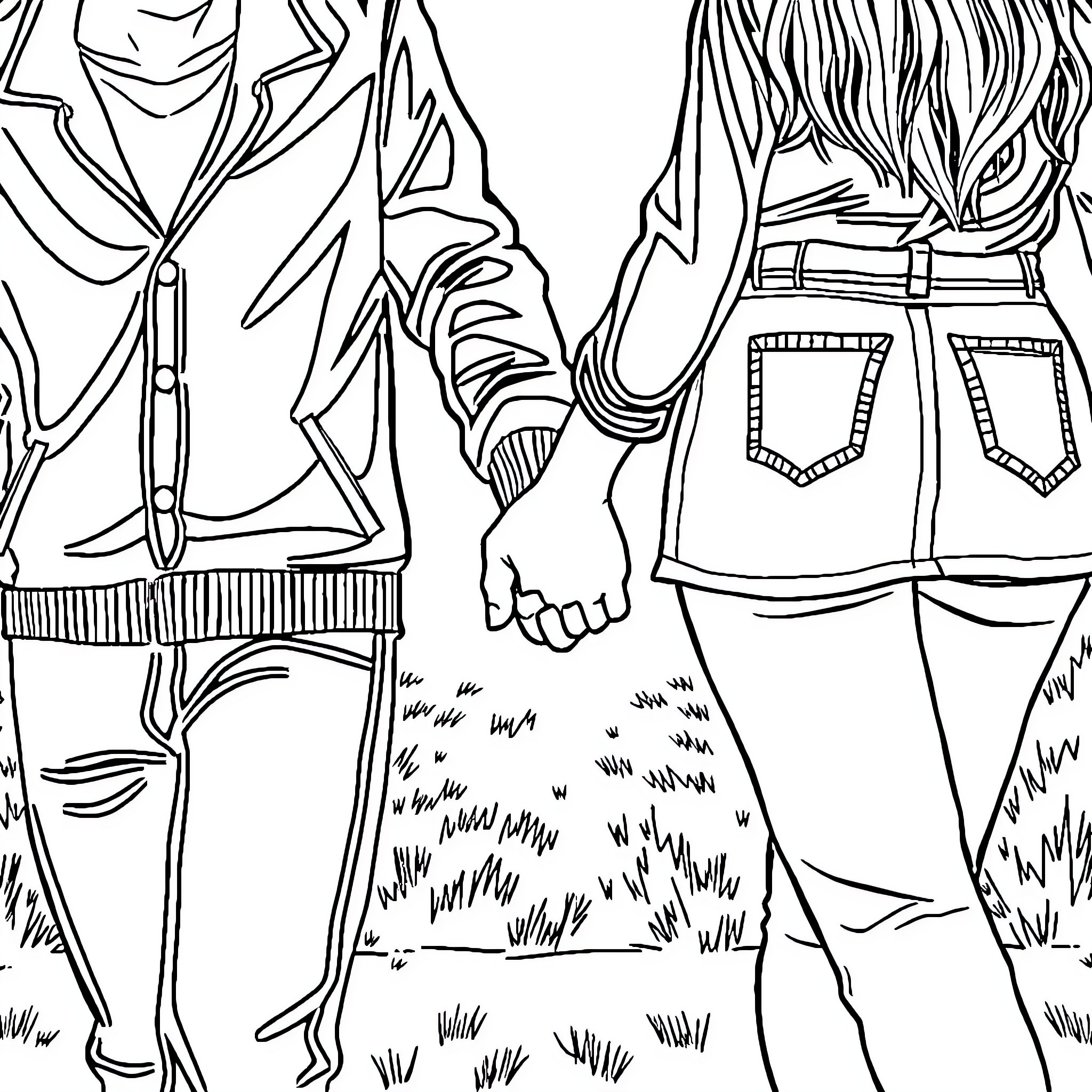 Person walking hand-in-hand in nature Coloring Page (free black-and-white line drawing printable PDF for all, from beginners to advanced learners, including children, teens, adults, and seniors)
