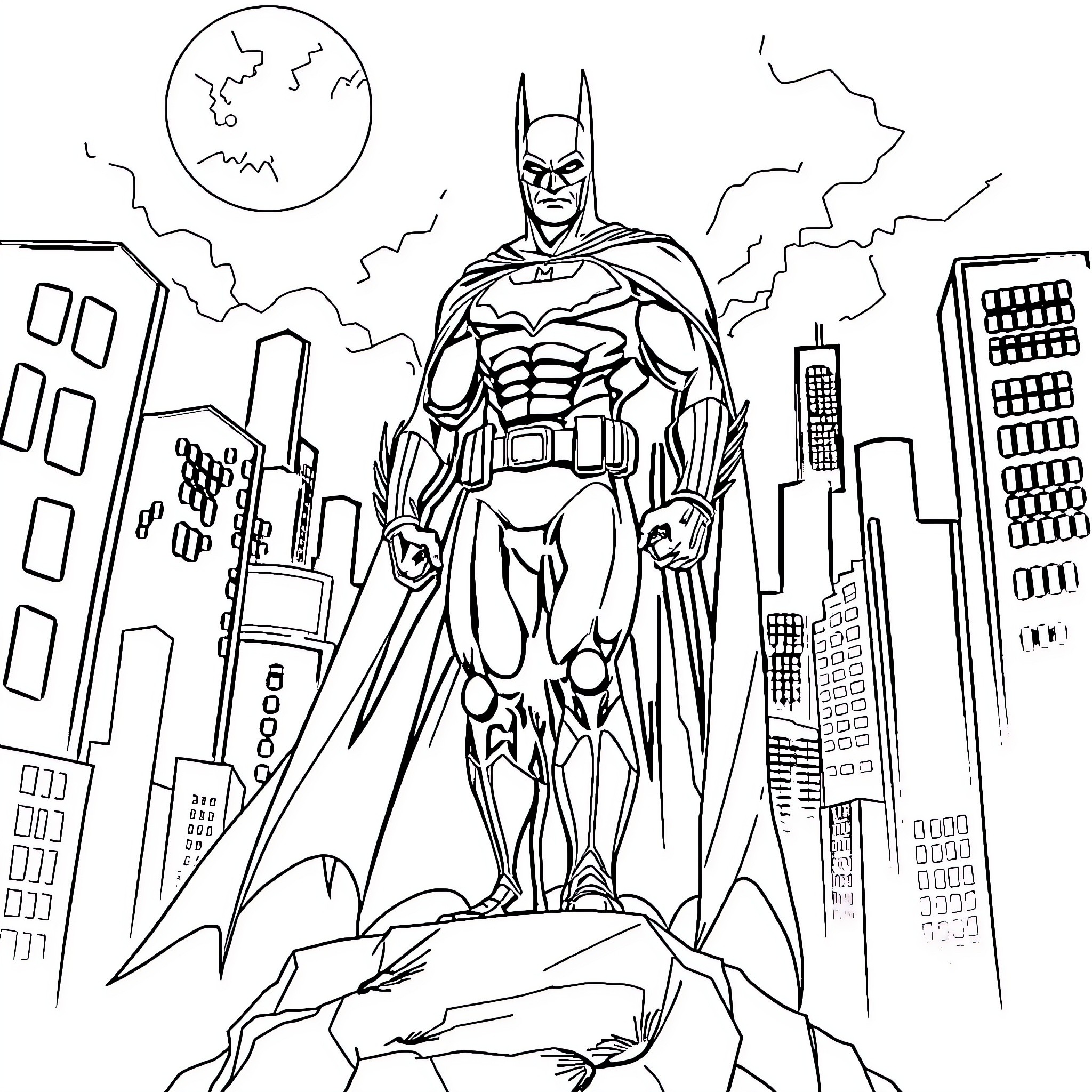 Batman standing tall in a city skyline Coloring Page (free black-and-white line drawing printable PDF for all, from beginners to advanced learners, including children, teens, adults, and seniors)