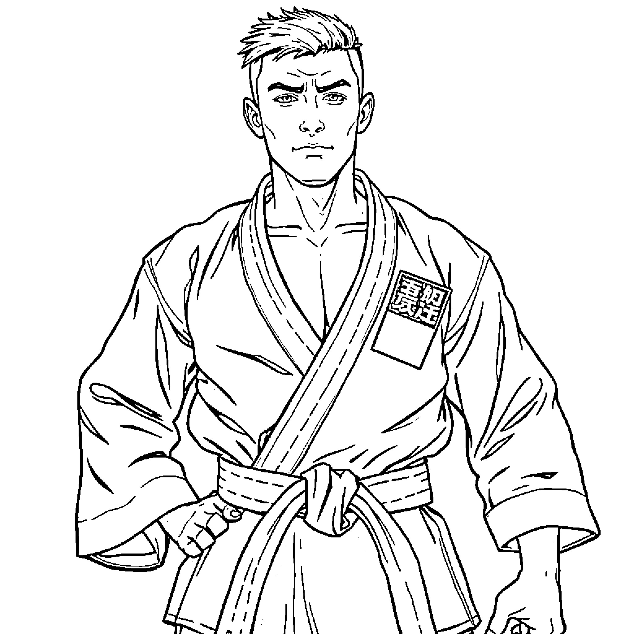 Karate Champion in Intense Concentration Coloring Page (free black-and-white line drawing printable PDF for all, from beginners to advanced learners, including children, teens, adults, and seniors)