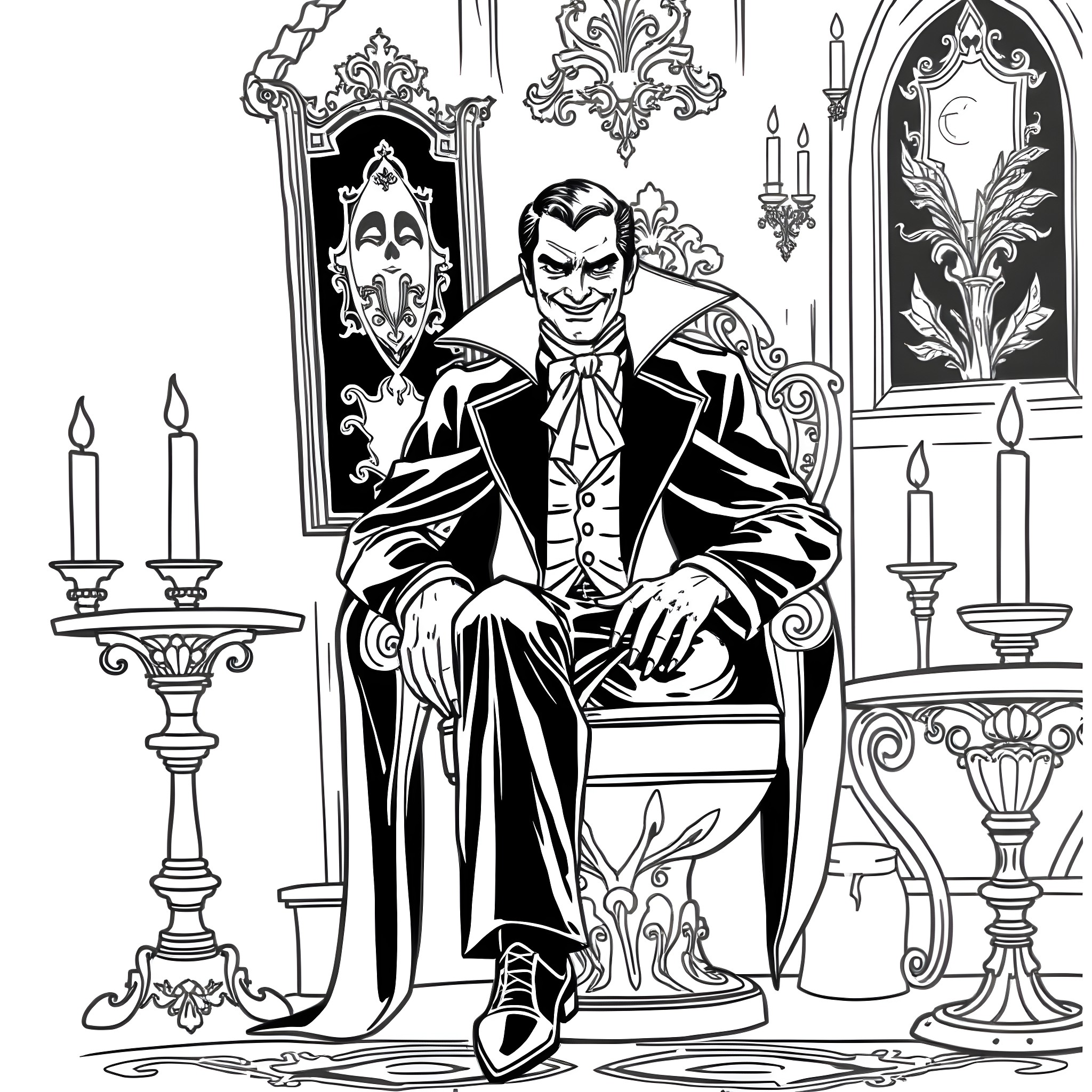 Count Dracula's Majestic Presence in an Opulent Castle Coloring Page (free black-and-white line drawing printable PDF for all, from beginners to advanced learners, including children, teens, adults, and seniors)