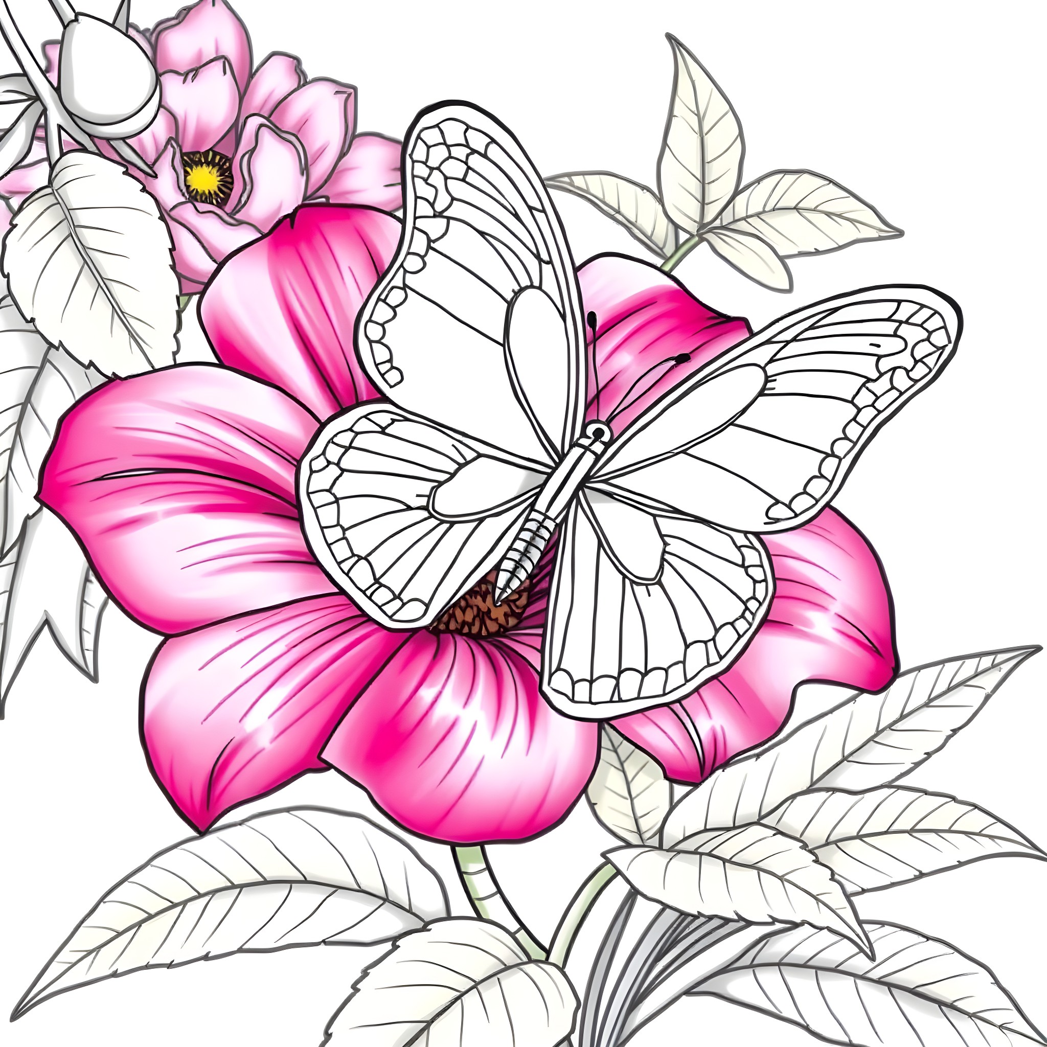 Butterfly resting on vibrant flower Coloring Page (free black-and-white line drawing printable PDF for all, from beginners to advanced learners, including children, teens, adults, and seniors)