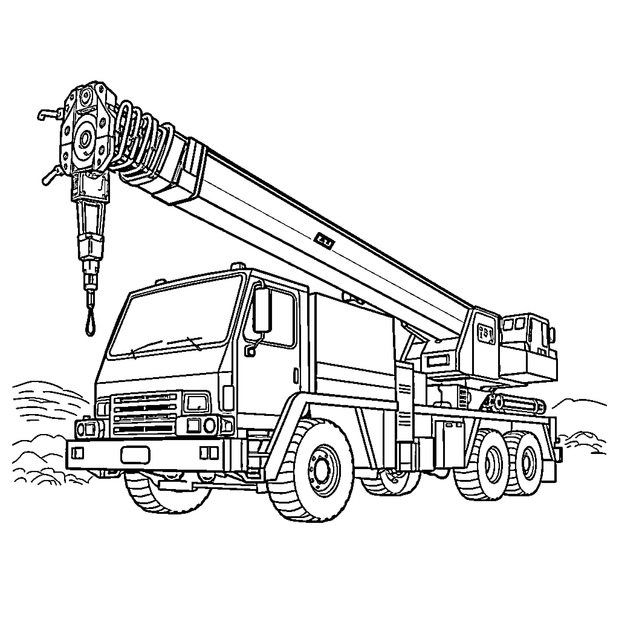 Crane Truck Lifting Heavy Equipment on Construction Site Coloring Page (free black-and-white line drawing printable PDF for all, from beginners to advanced learners, including children, teens, adults, and seniors)