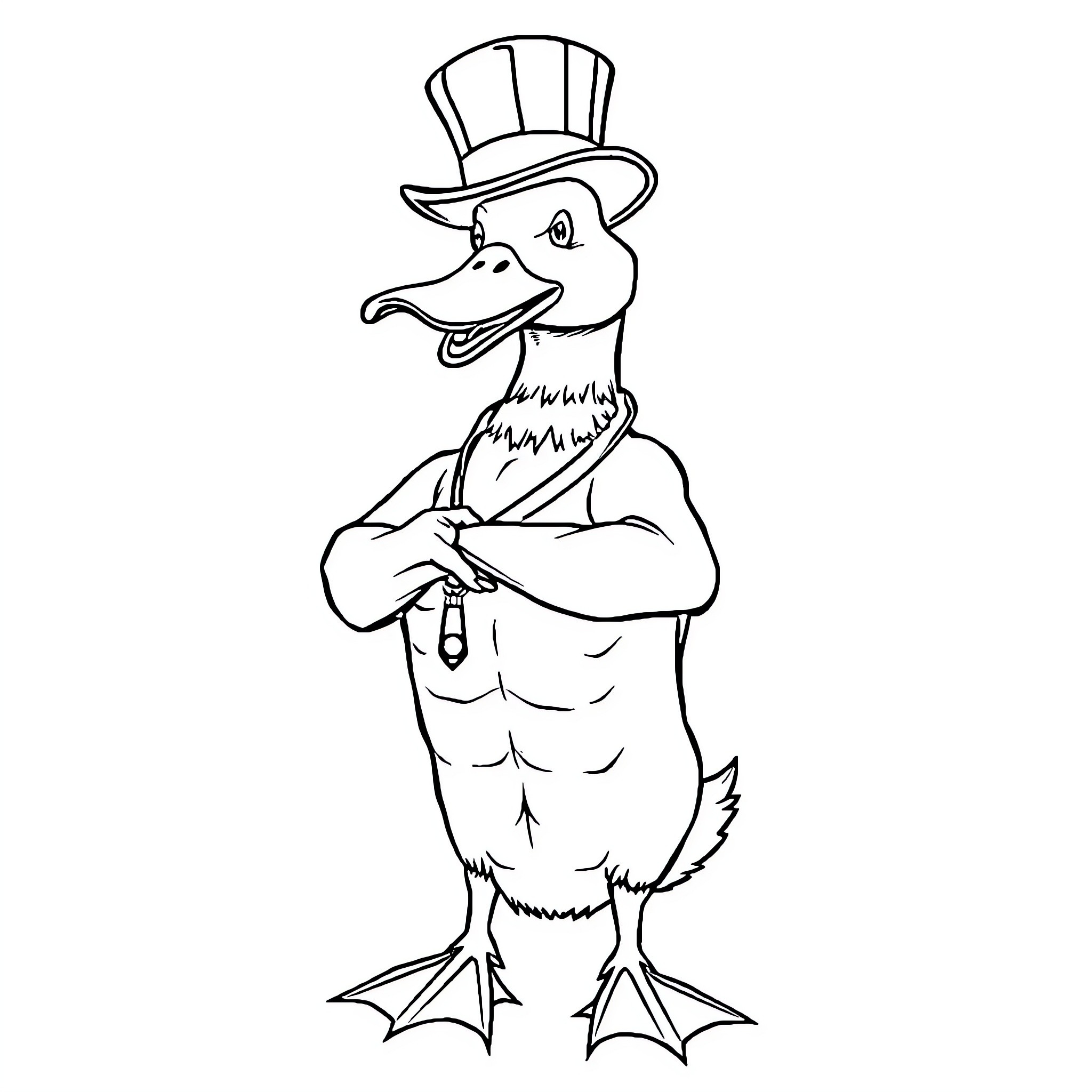 Duck wearing a top hat and standing with folded arms Coloring Page (free black-and-white line drawing printable PDF for all, from beginners to advanced learners, including children, teens, adults, and seniors)