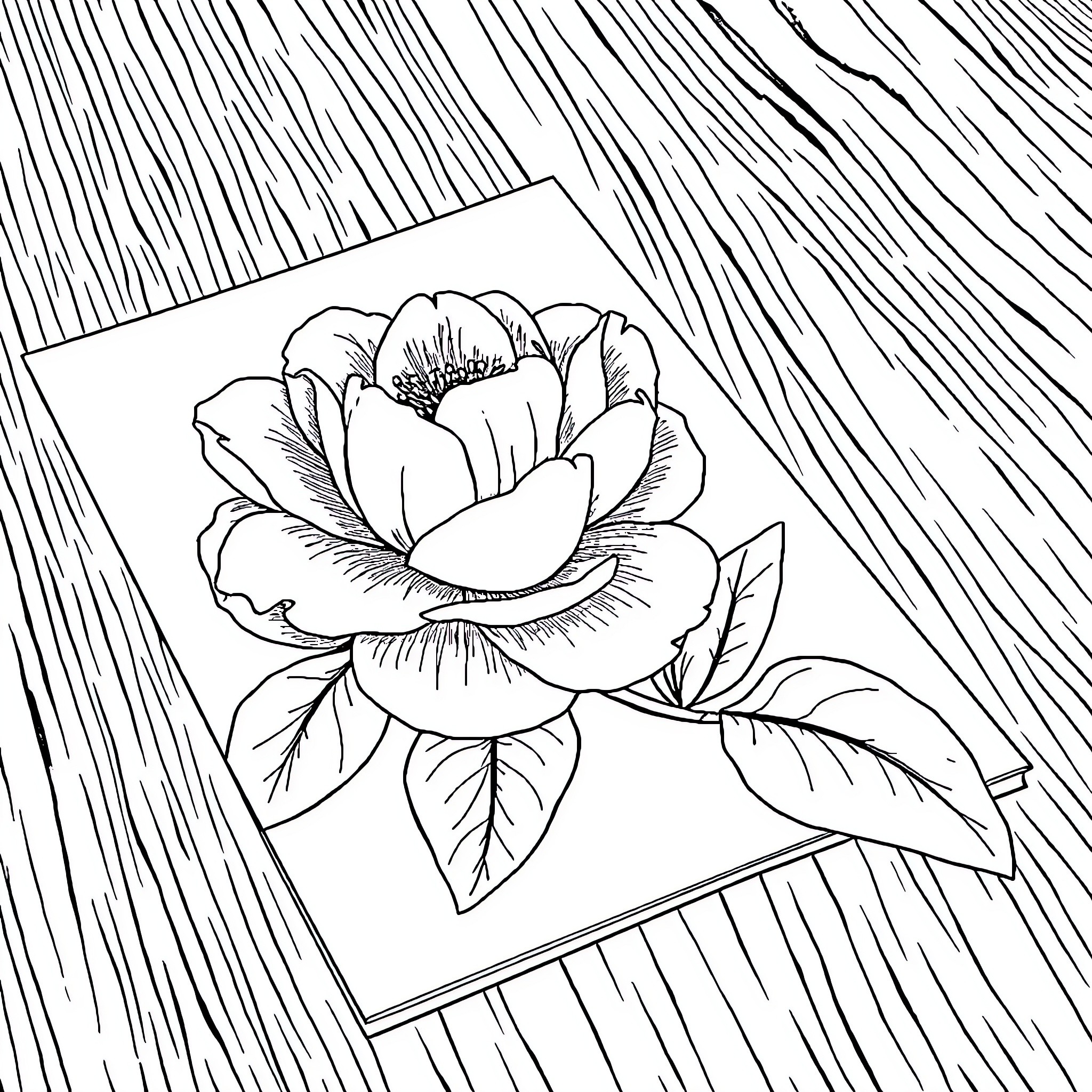 Peony Flower in Line Art on Wood Grain Coloring Page (free black-and-white line drawing printable PDF for all, from beginners to advanced learners, including children, teens, adults, and seniors)