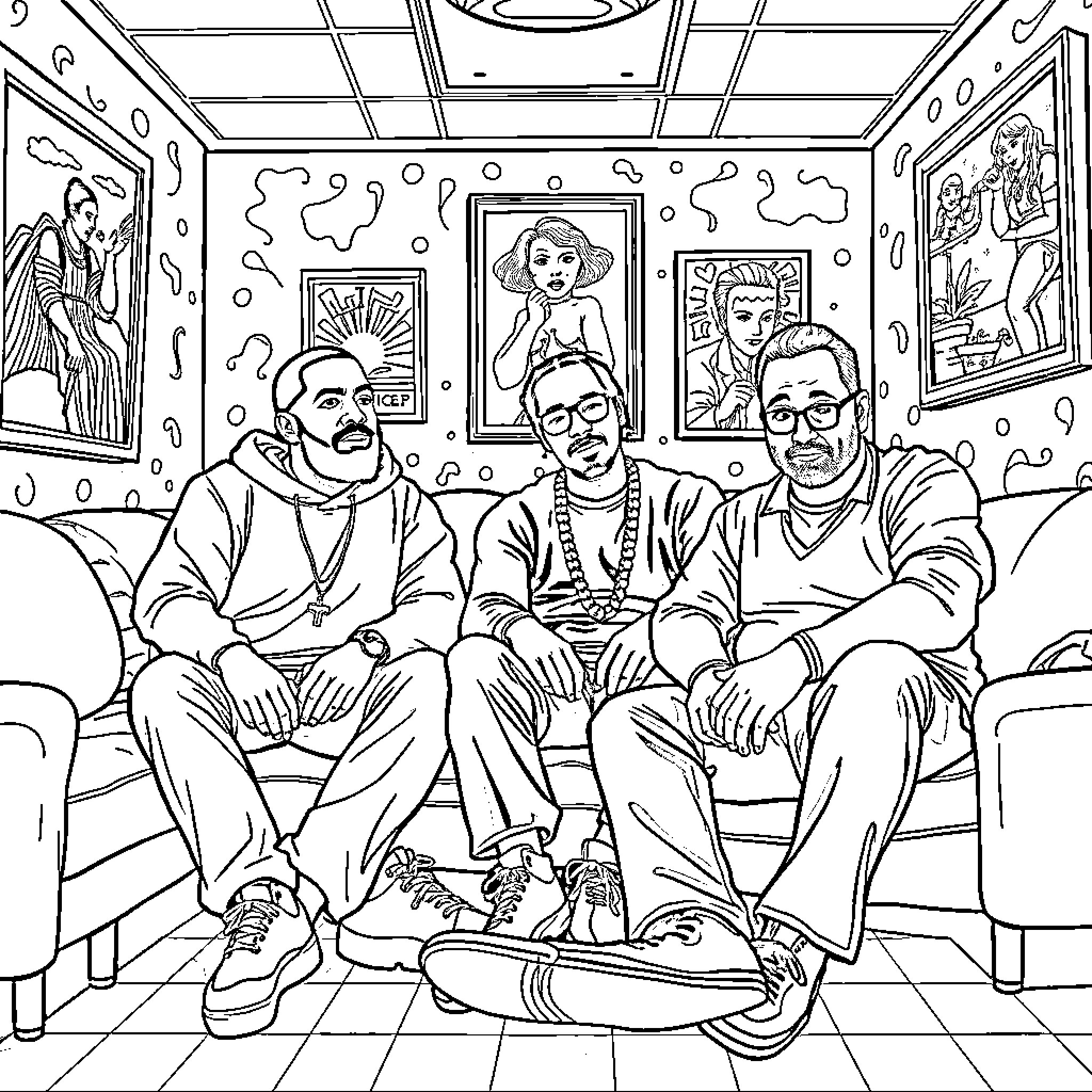 Celebrity Group Seated in Artistic Room Coloring Page (free black-and-white line drawing printable PDF for all, from beginners to advanced learners, including children, teens, adults, and seniors)