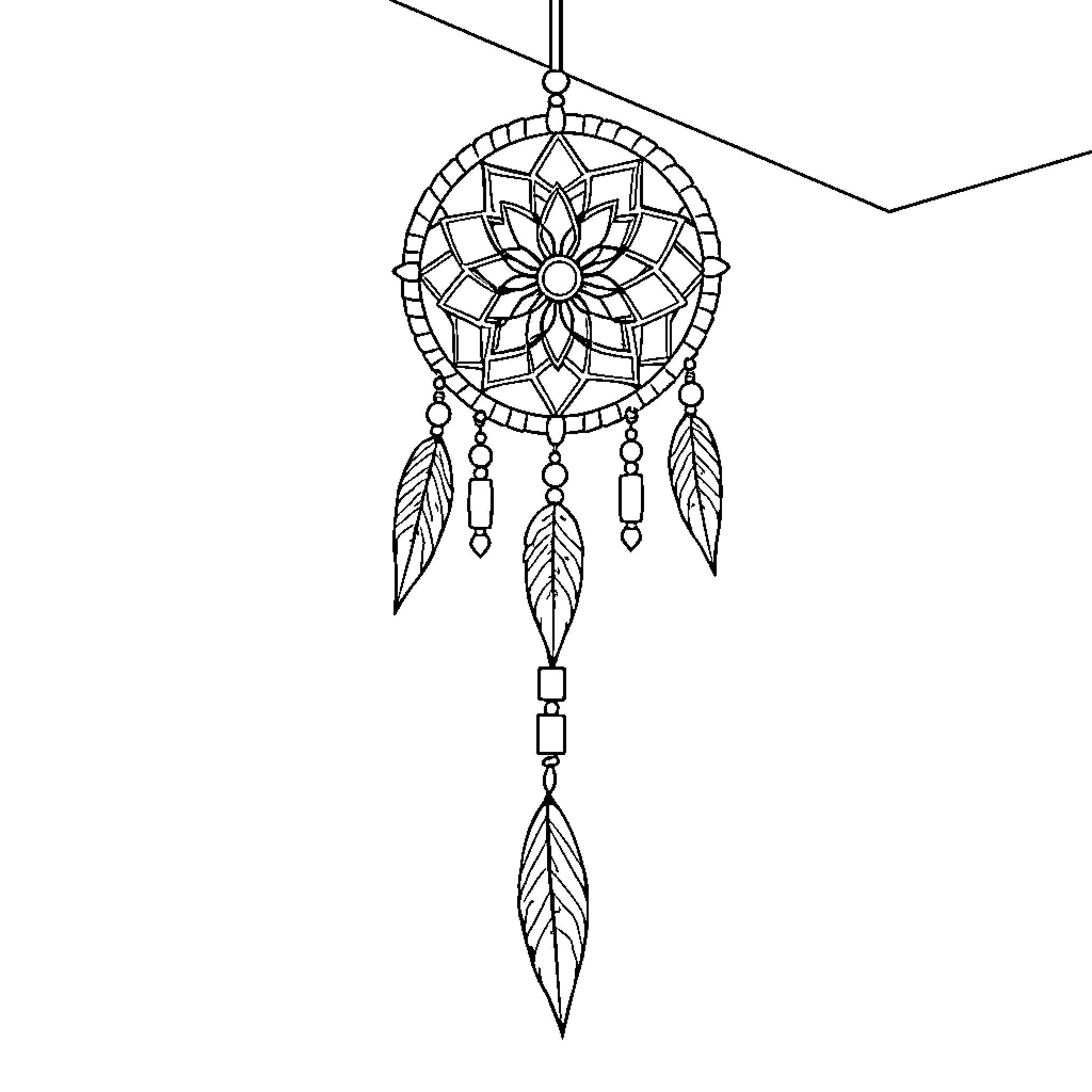 Dreamcatcher with intricate feathers and geometric patterns Coloring Page (free black-and-white line drawing printable PDF for all, from beginners to advanced learners, including children, teens, adults, and seniors)