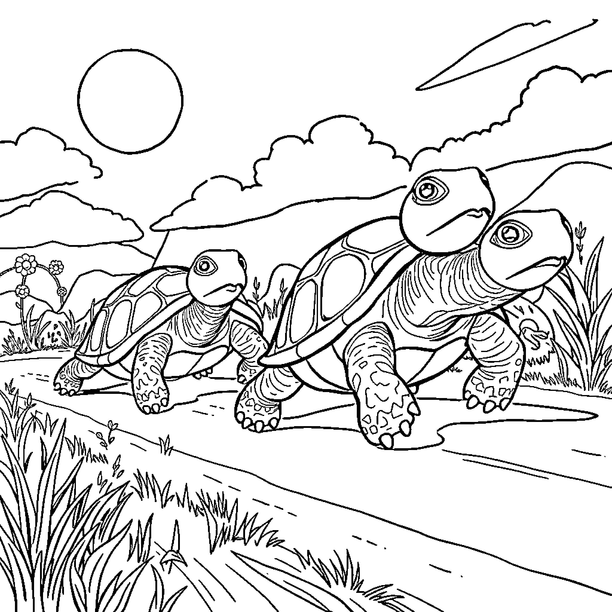 Turtles wandering through a scenic landscape Coloring Page (free black-and-white line drawing printable PDF for all, from beginners to advanced learners, including children, teens, adults, and seniors)